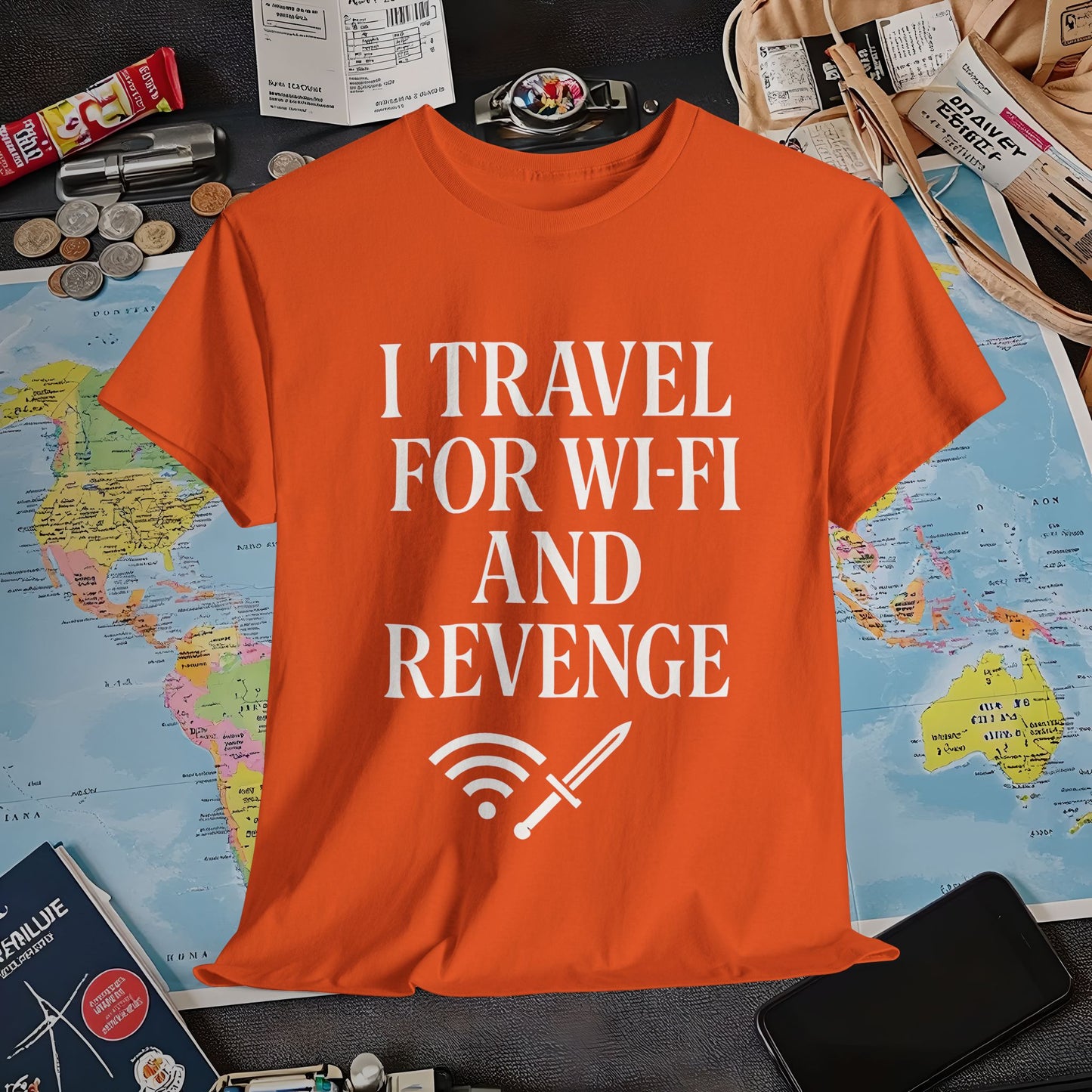 I Travel for WiFi and Revenge – Bold Quote Tee with Dagger Icon Air Travel T-Shirts | Jetsetter, Airport, and International Flight Tees