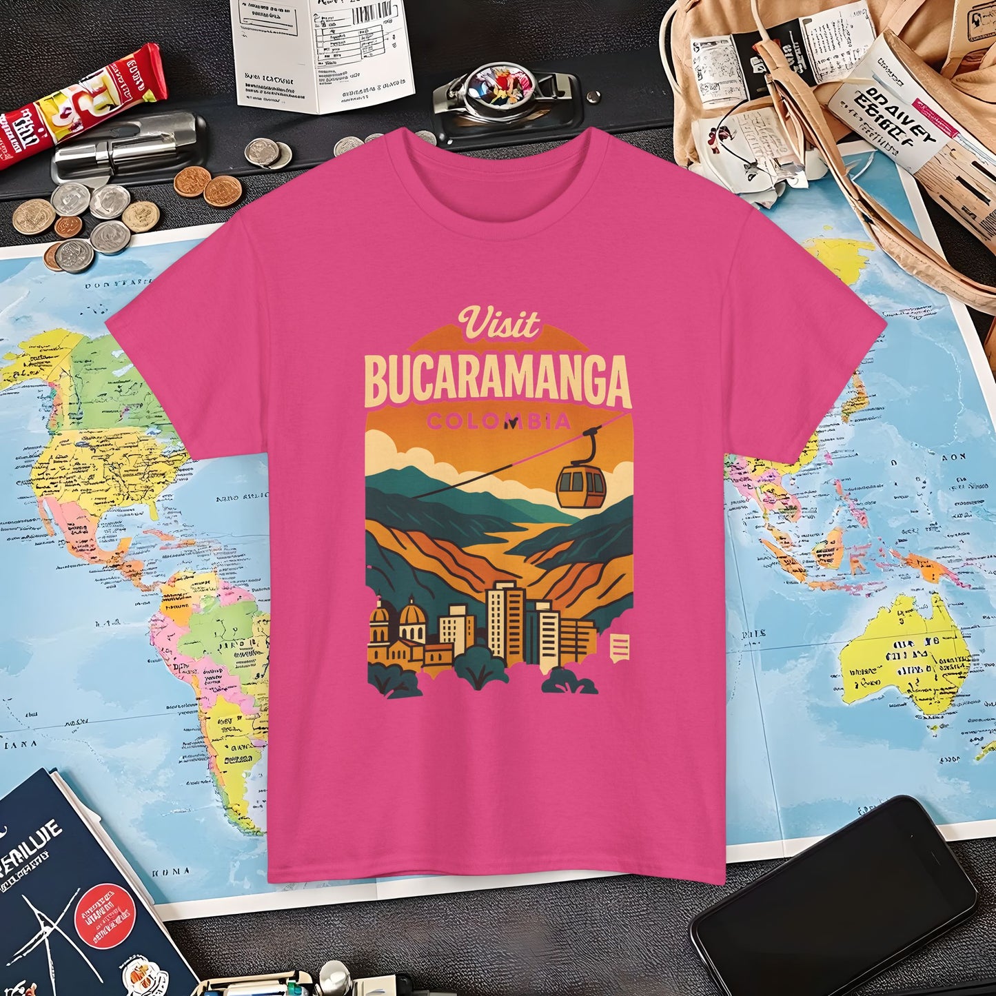 Retro Bucaramanga Skyline with Chicamocha Canyon – Vintage Colombia Travel Tee | Layover Club Air Travel T-Shirts | Jetsetter, Airport, and International Flight Tees