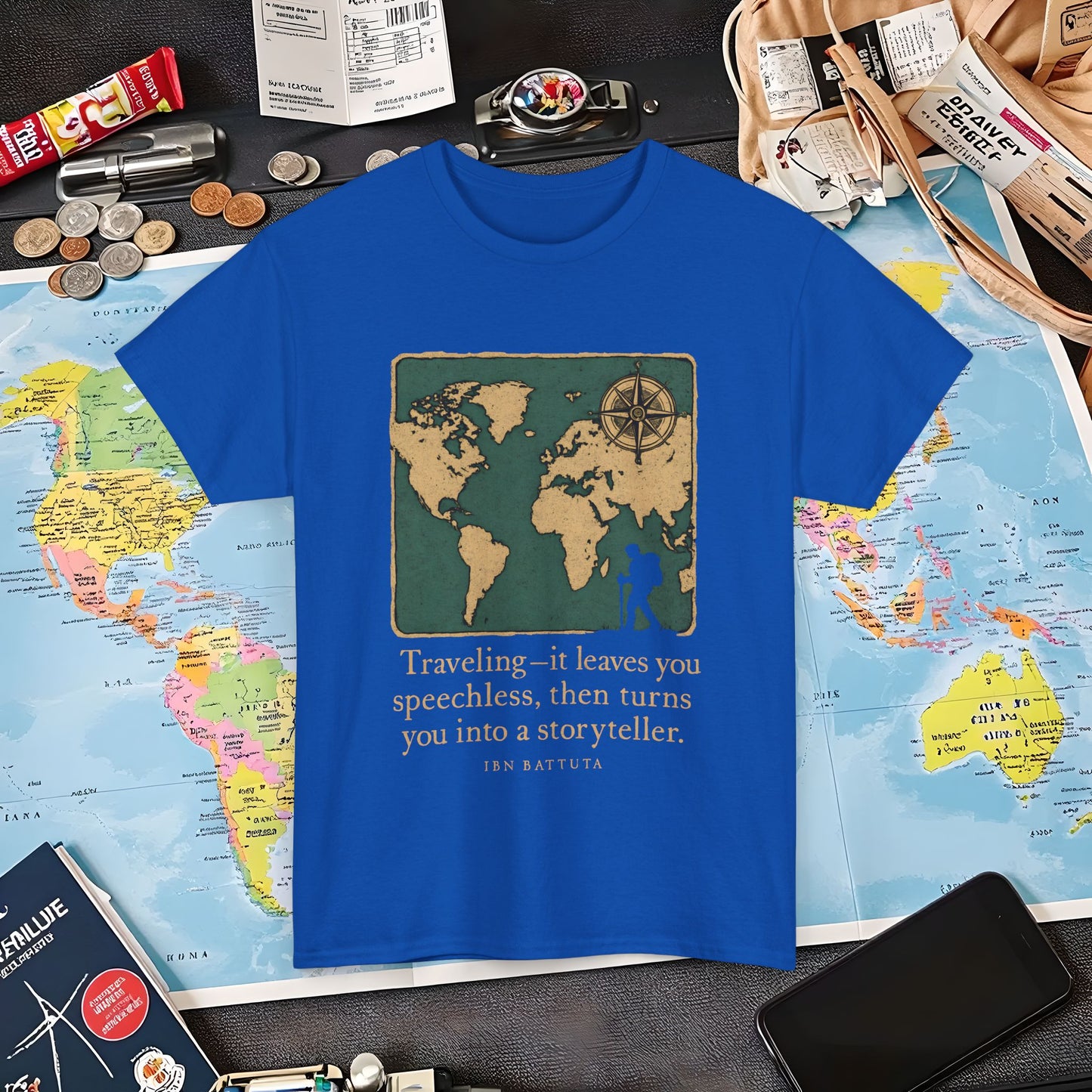 Speechless to Storyteller – Vintage Map Wanderlust Quote Tee Air Travel T-Shirts | Jetsetter, Airport, and International Flight Tees
