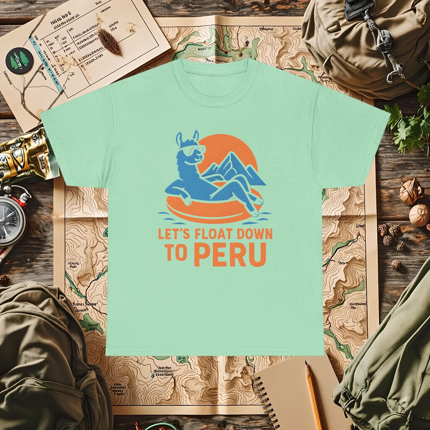 Let’s Float Down to Peru T-Shirt – Chill Llama on Inner Tube and Andes Sunset Outdoor Adventure T-Shirts | Camping, Hiking, Rafting & Kayaking Tees for Nature Lovers