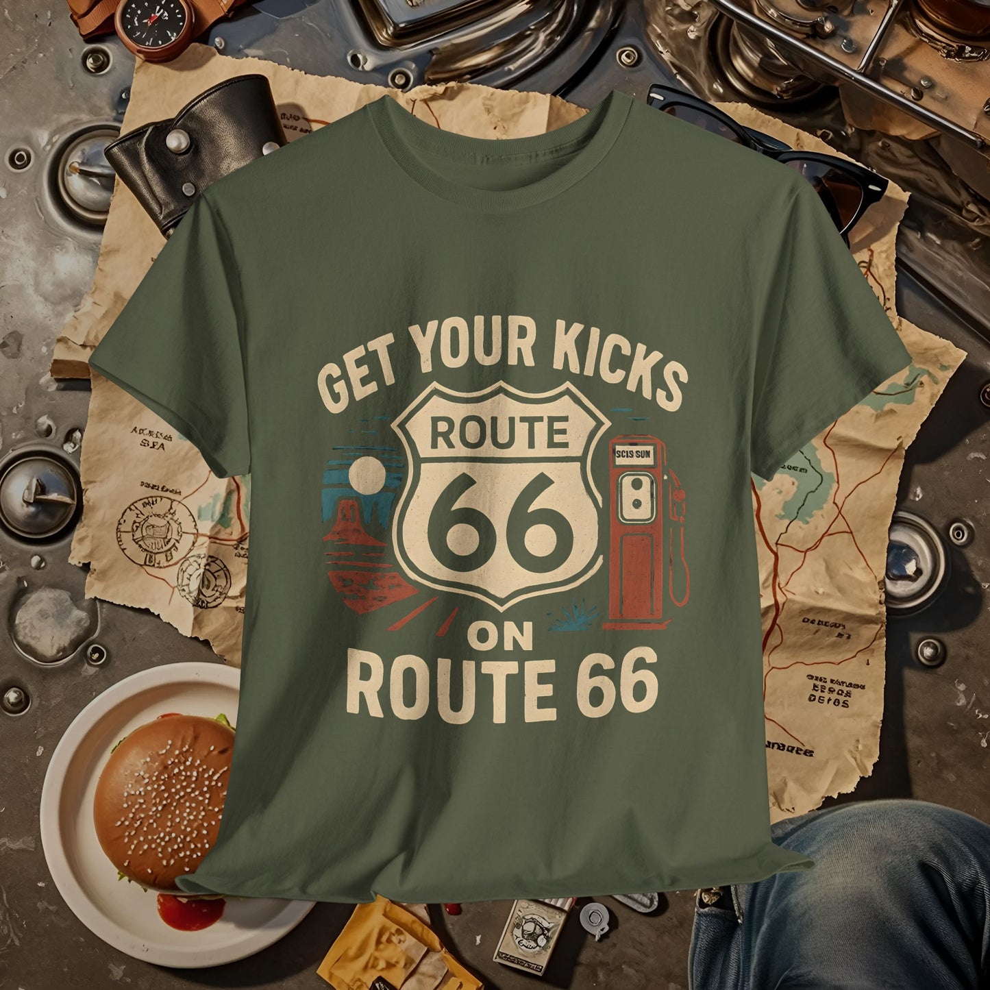 Get Your Kicks on Route 66 T-Shirt – Vintage Desert Scene with Classic Gas Pump & Roadside Vibes Road Trip & Vehicle Travel T-Shirts | Car, RV, and Motorcycle Adventure Tees