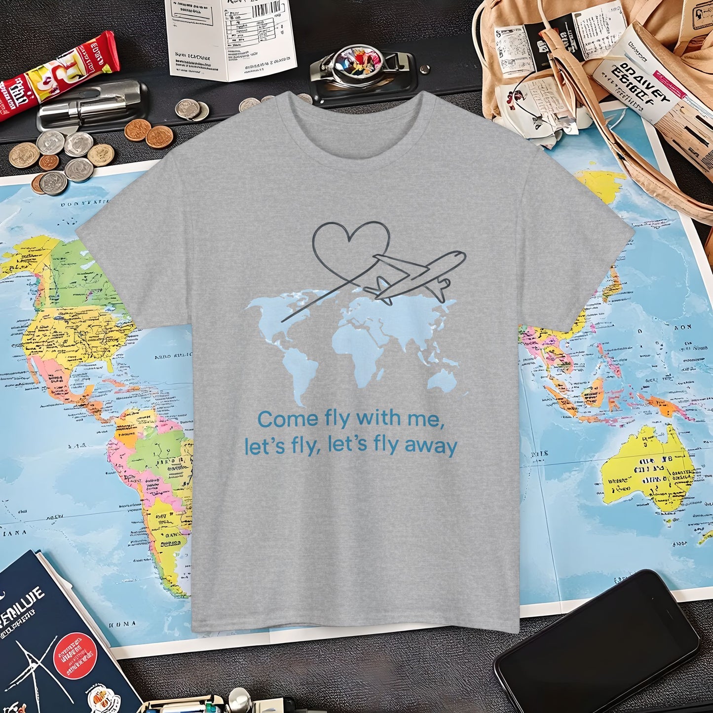 Come Fly With Me T-Shirt – Heart-Loop Airplane Over World Map Design Air Travel T-Shirts | Jetsetter, Airport, and International Flight Tees