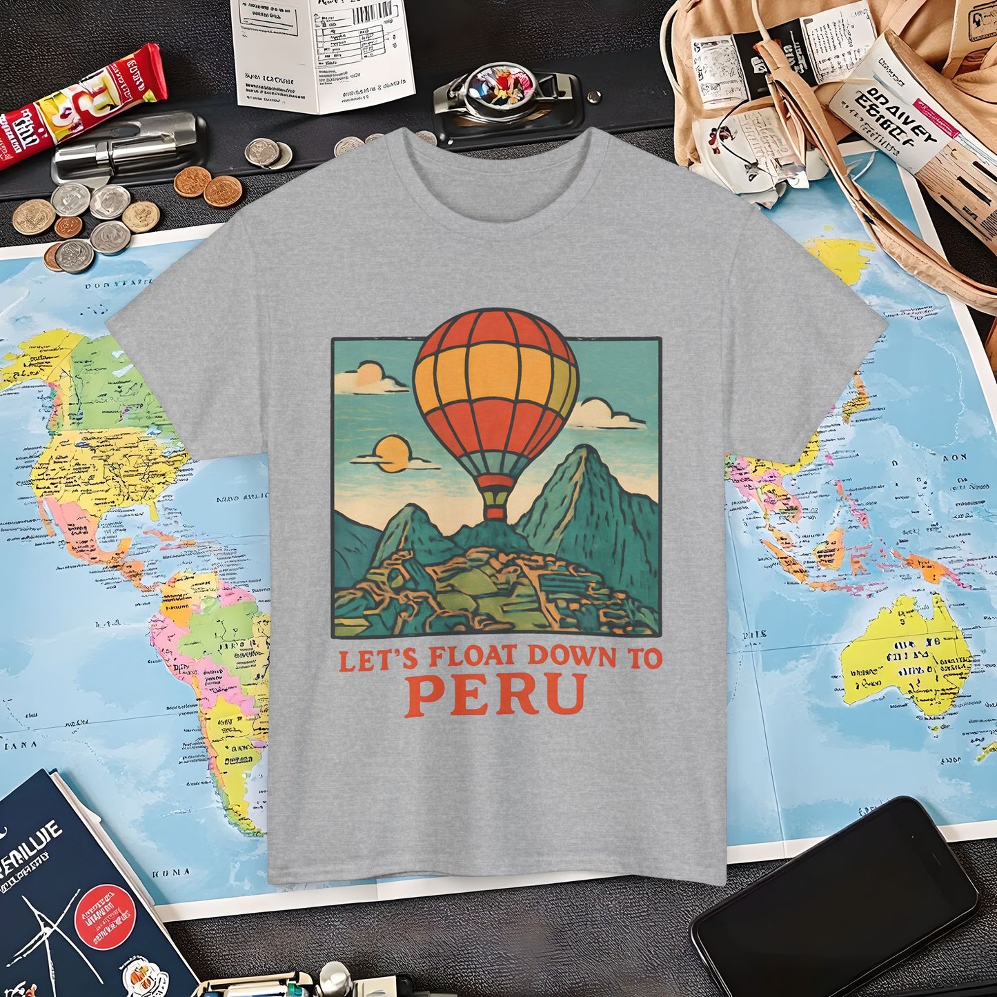 Let’s Float Down to Peru T-Shirt – Vintage Hot-Air Balloon Over Machu Picchu Design Air Travel T-Shirts | Jetsetter, Airport, and International Flight Tees