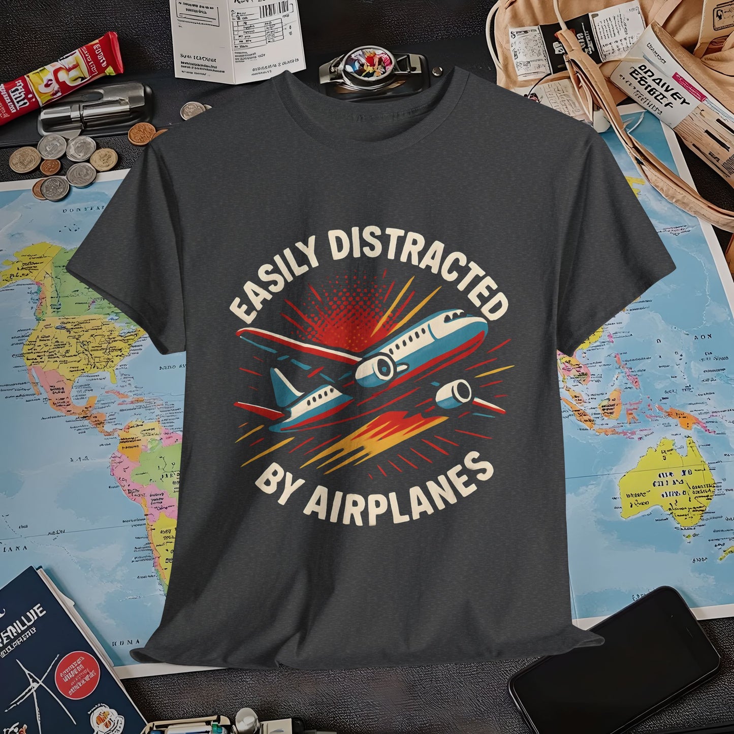 Easily Distracted by Airplanes T-Shirt – Aviation Lover Quote Design Air Travel T-Shirts | Jetsetter, Airport, and International Flight Tees