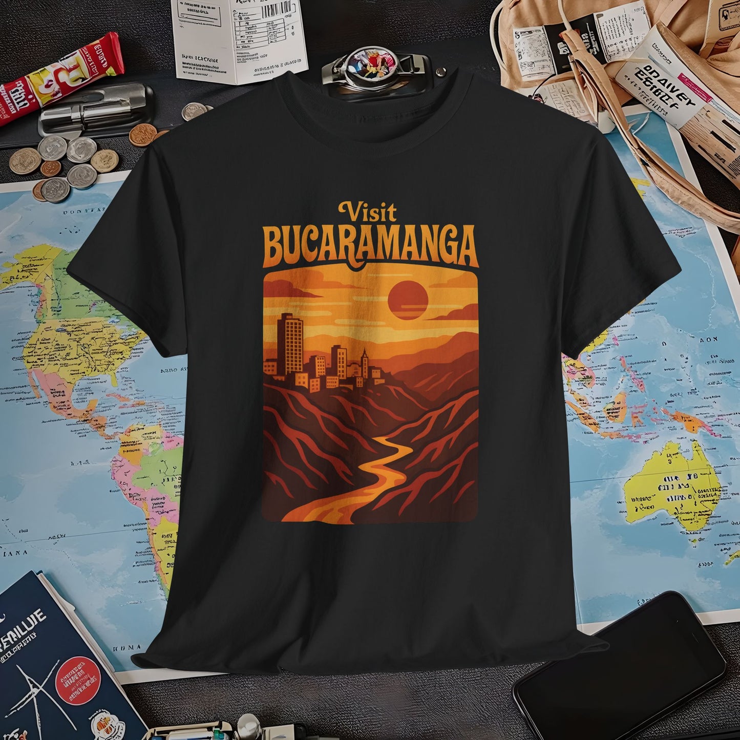 Retro Bucaramanga Skyline & Chicamocha Canyon Sunset – Vintage Colombia Travel Tee | Layover Club Air Travel T-Shirts | Jetsetter, Airport, and International Flight Tees