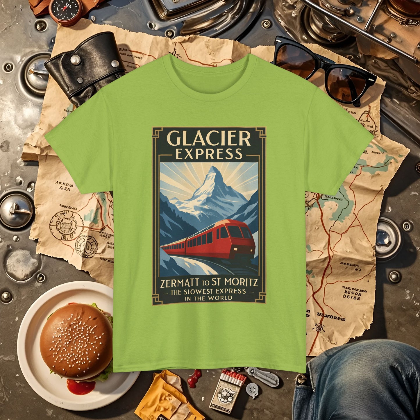 Glacier Express – Art Deco Alpine Train Adventure Tee Road Trip & Vehicle Travel T-Shirts | Car, RV, and Motorcycle Adventure Tees