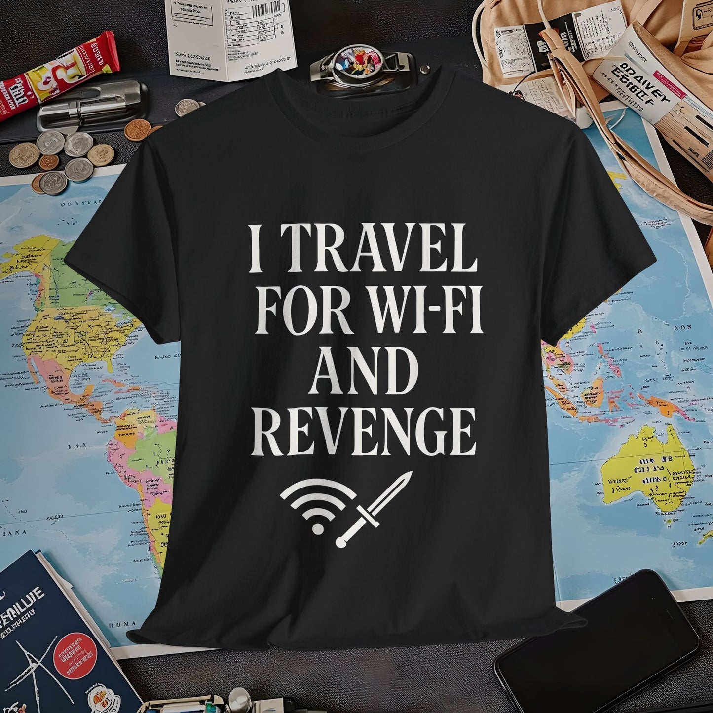 I Travel for WiFi and Revenge – Bold Quote Tee with Dagger Icon Air Travel T-Shirts | Jetsetter, Airport, and International Flight Tees