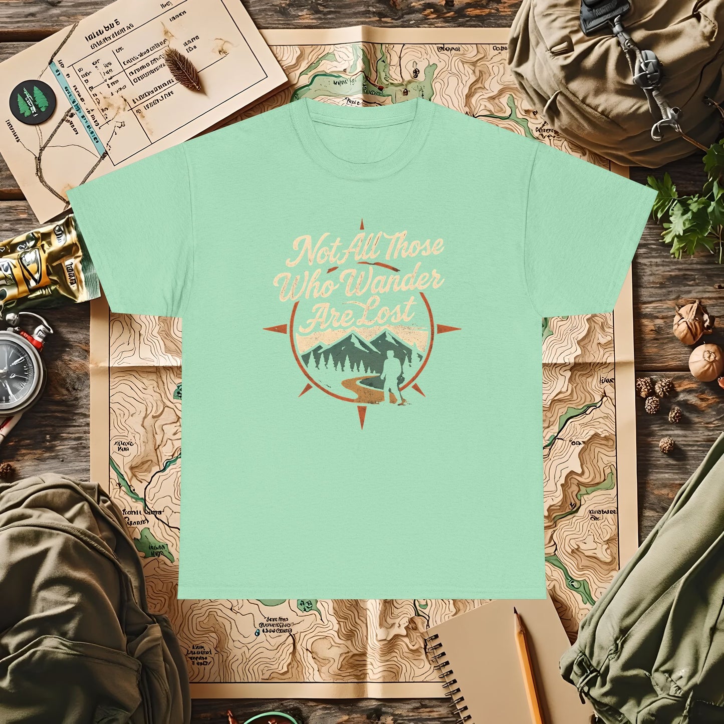 Not All Who Wander Are Lost – Vintage Compass Mountain Tee | Camping, Hiking, Rafting & Kayaking Tees for Nature Lovers