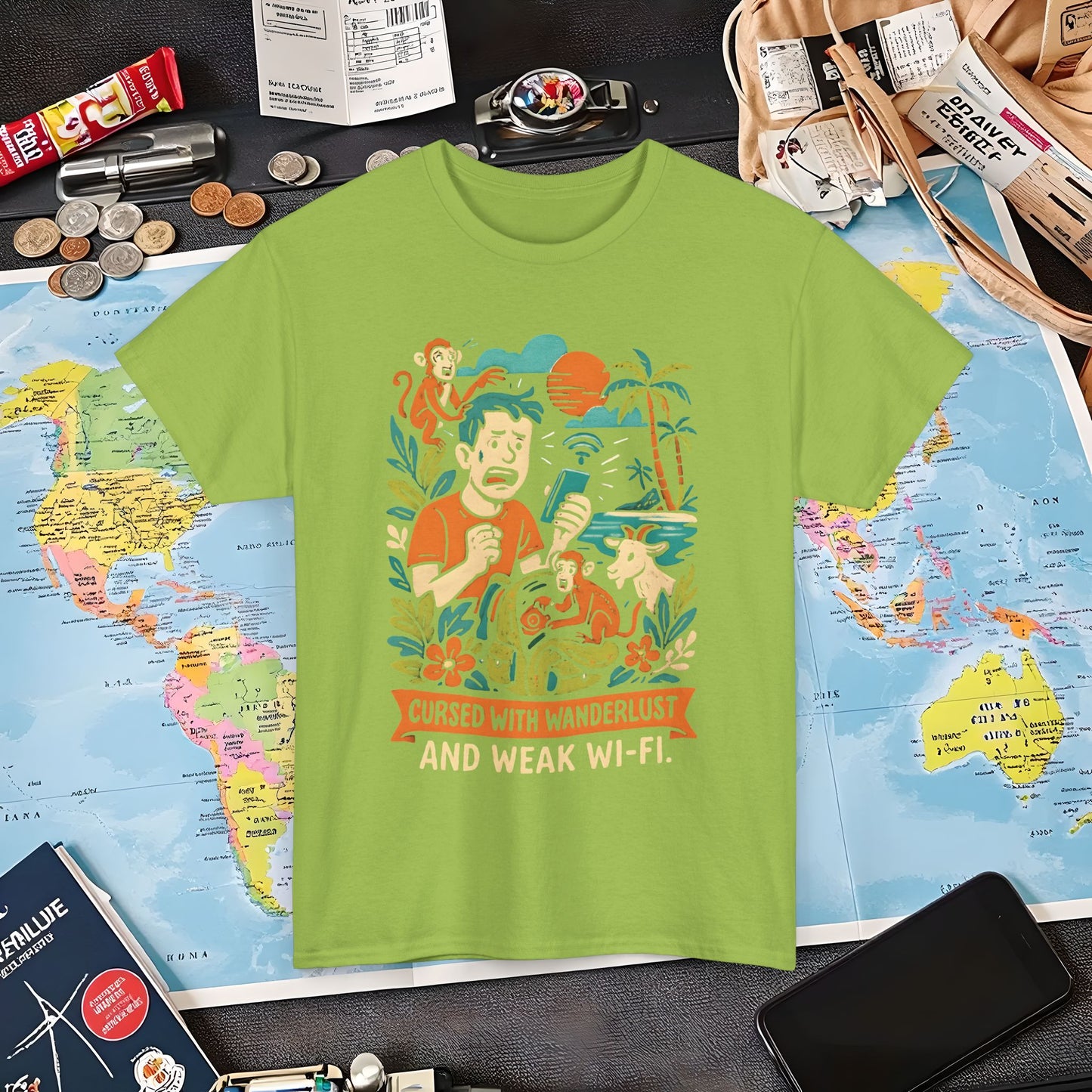 Cursed with Wanderlust and Weak Wi-Fi – Funny Tropical Traveler Frustration Tee Travel T-Shirts | Jetsetter, Airport, and International Flight Tees