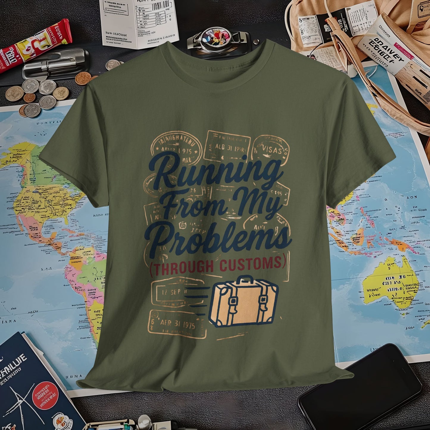 Running From My Problems Through Customs – Vintage Travel Quote Tee with Passport Stamps Air Travel T-Shirts | Jetsetter, Airport, and International Flight Tees