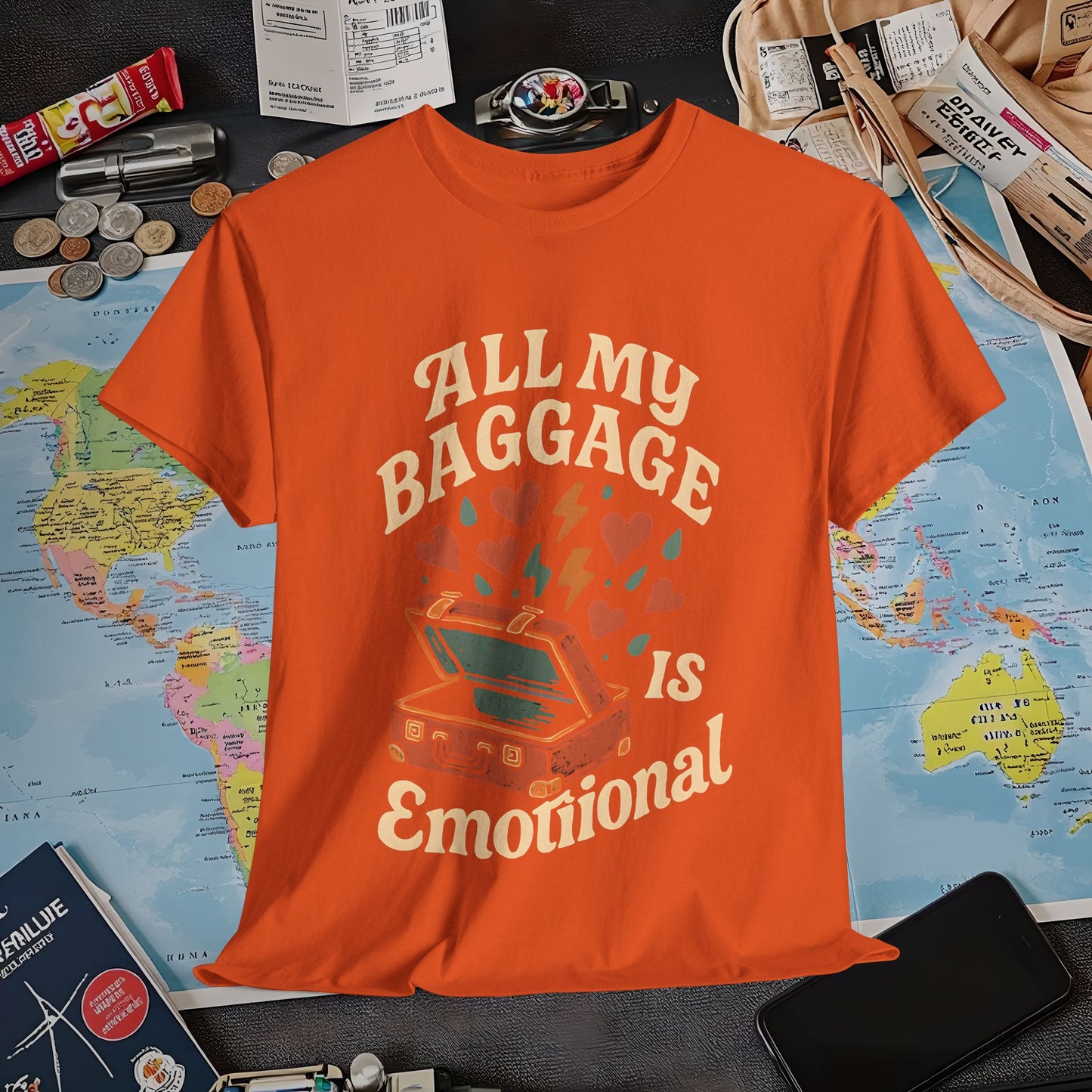 All My Baggage Is Emotional – Retro Suitcase Overflowing with Feelings Tee Air Travel T-Shirts | Jetsetter, Airport, and International Flight Tees