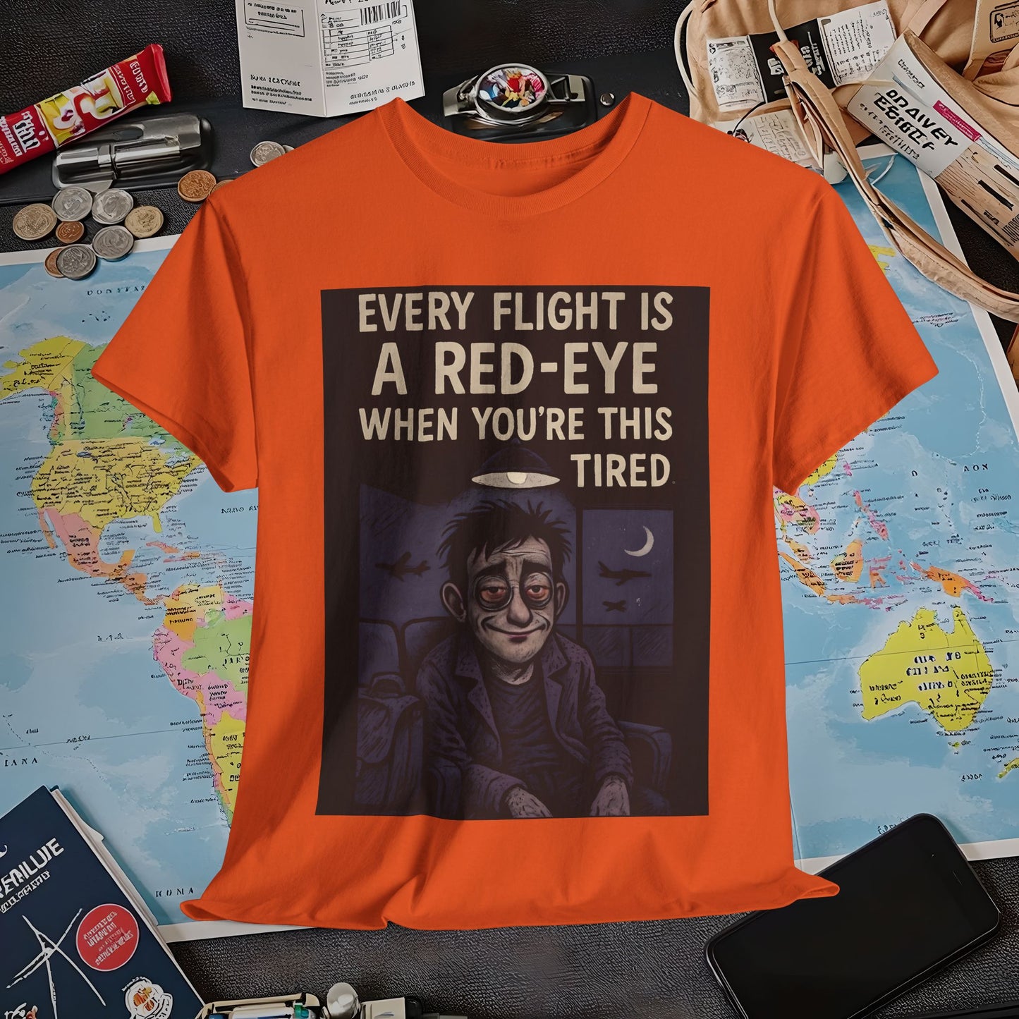 Every Flight Is a Red Eye Tee – Exhausted Traveler Comic Noir Shirt Air Travel T-Shirts | Jetsetter, Airport, and International Flight Tees