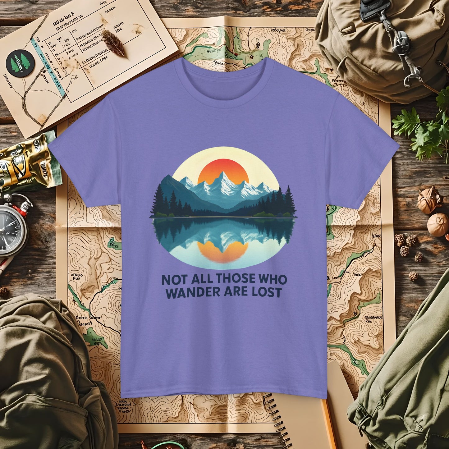 Not All Who Wander Are Lost T-Shirt – Sunset Over Mountain Lake and Forest Reflection Camping, Hiking, Rafting & Kayaking Tees for Nature Lovers