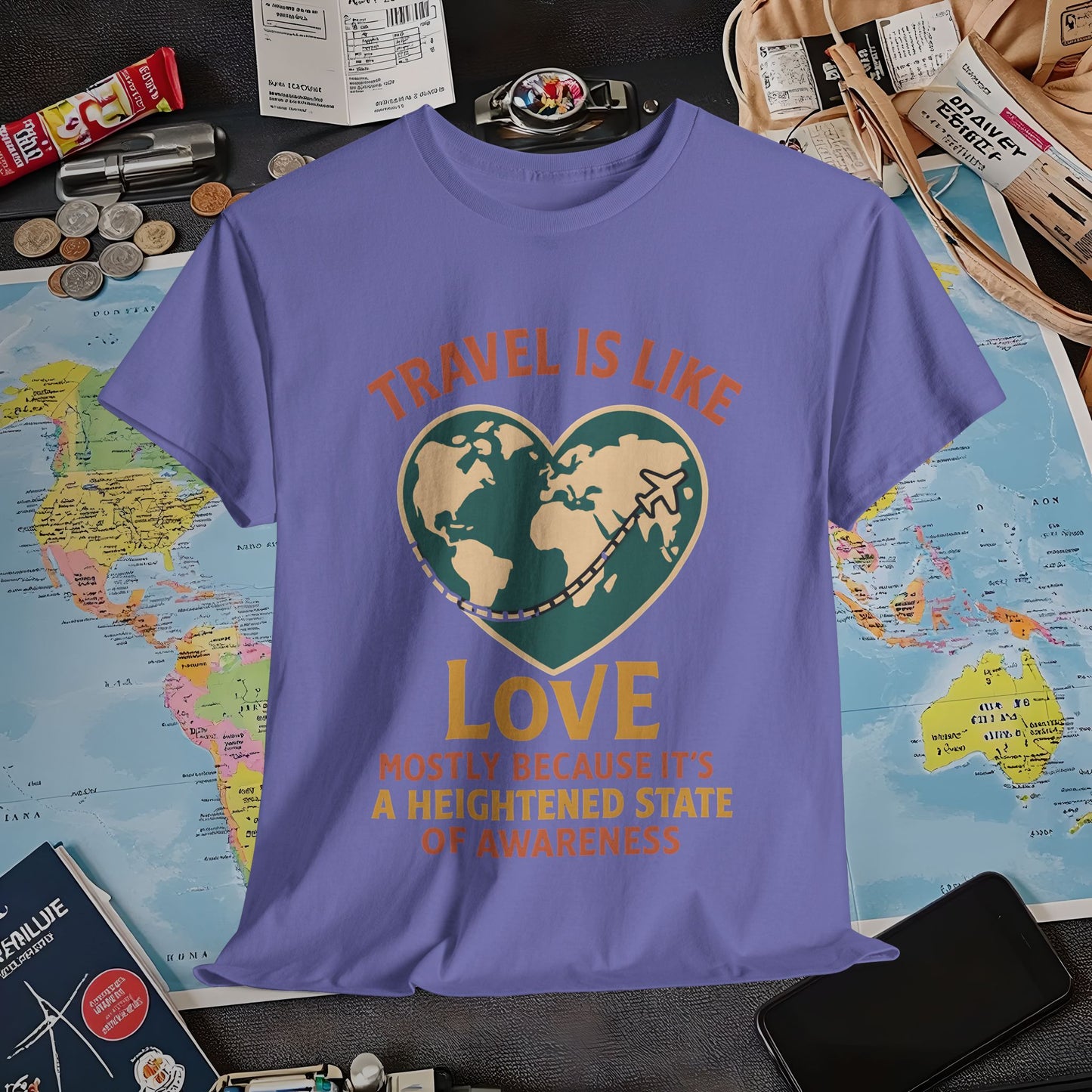 Travel Is Like Love – Heart Map Quote Tee with Airplane Path | Layover Club Air Travel T-Shirts | Jetsetter, Airport, and International Flight Tees