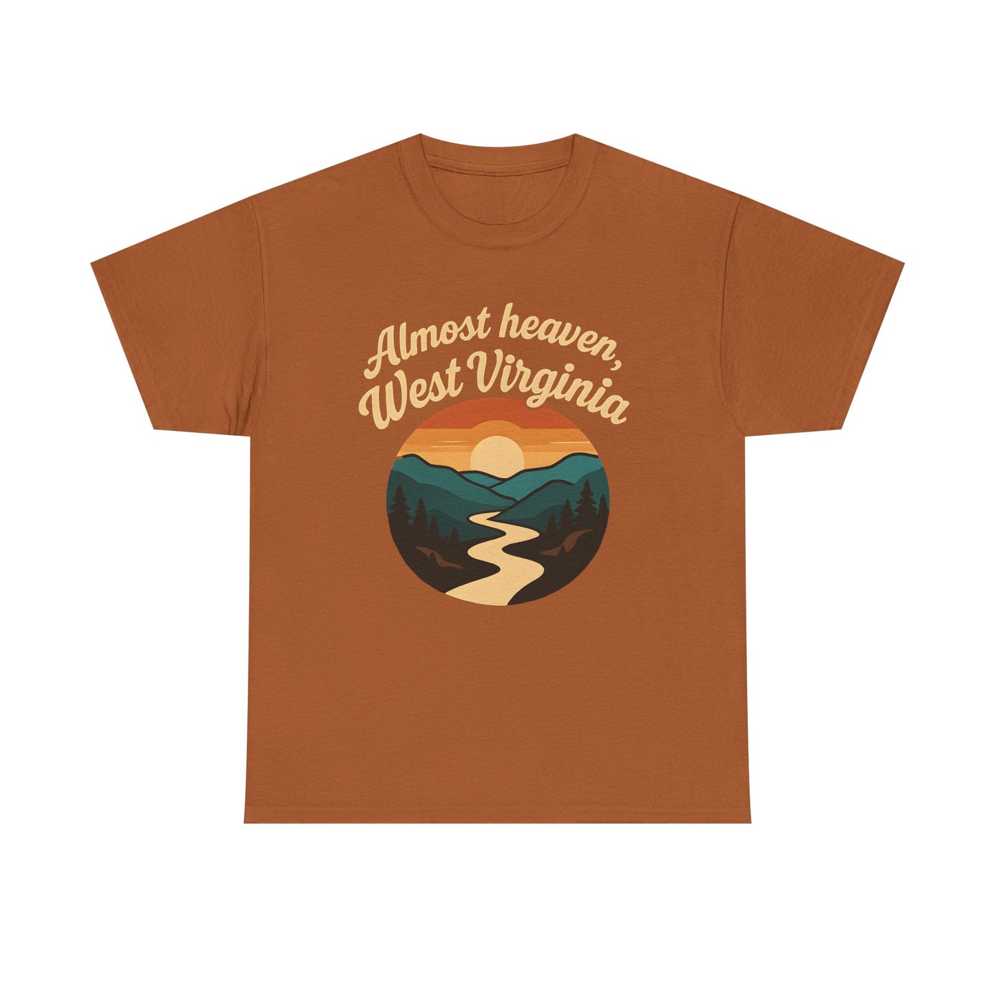 Almost Heaven, West Virginia T-Shirt – Vintage Appalachian Sunset with Winding River Road Trip & Vehicle Travel T-Shirts | Car, RV, and Motorcycle Adventure Tees