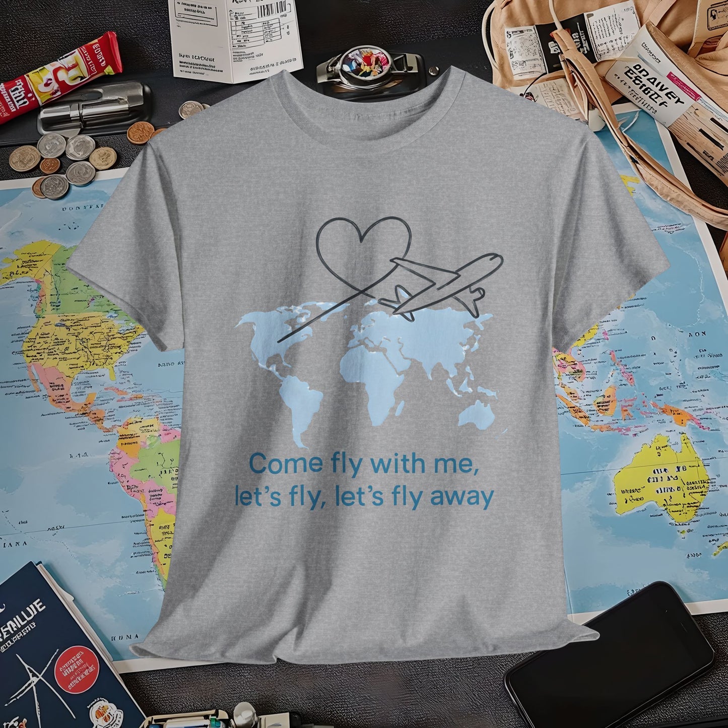 Come Fly With Me T-Shirt – Heart-Loop Airplane Over World Map Design Air Travel T-Shirts | Jetsetter, Airport, and International Flight Tees