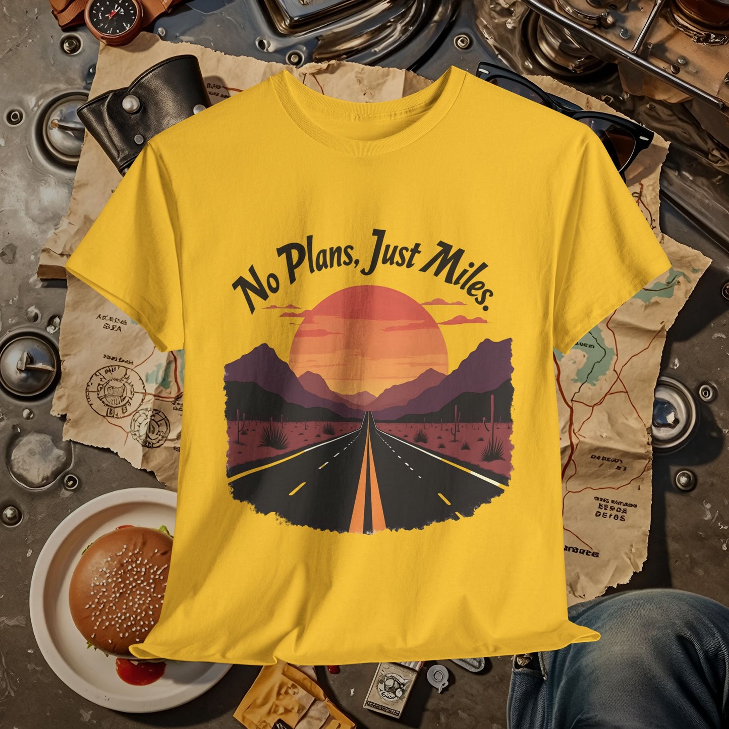 No Plans, Just Miles Adventure Road Unisex Cotton Tee - Travel Shirt, Road Trip Tee, Travel Lover Gift, Nature Lover Shirt, Vacation T-Shirt, Charity Donation