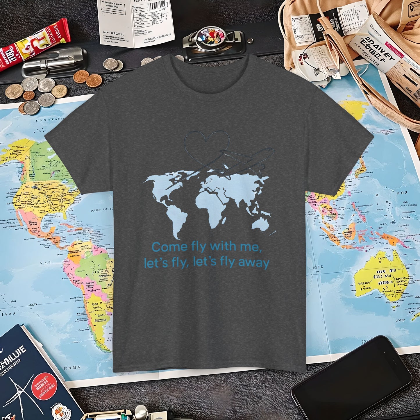 Come Fly With Me T-Shirt – Heart-Loop Airplane Over World Map Design Air Travel T-Shirts | Jetsetter, Airport, and International Flight Tees