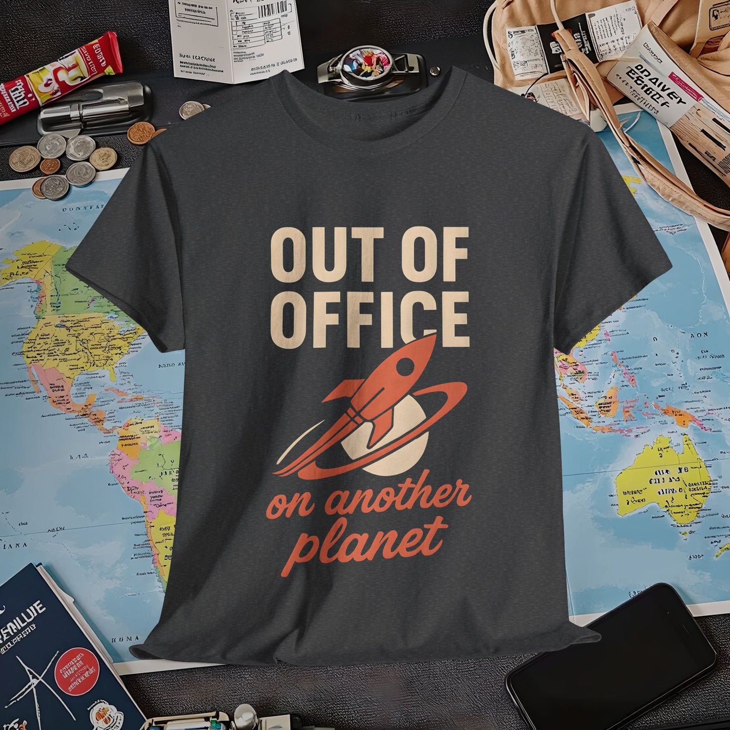 Out of Office, On Another Planet – Retro Rocket Escape Tee Air Travel T-Shirts | Jetsetter, Airport, and International Flight Tees