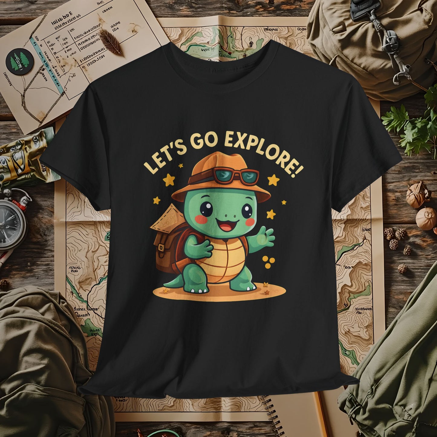 Let’s Go Explore T-Shirt – Cute Turtle Explorer with Travel Gear Design | Camping, Hiking, Rafting & Kayaking Tees for Nature Lovers