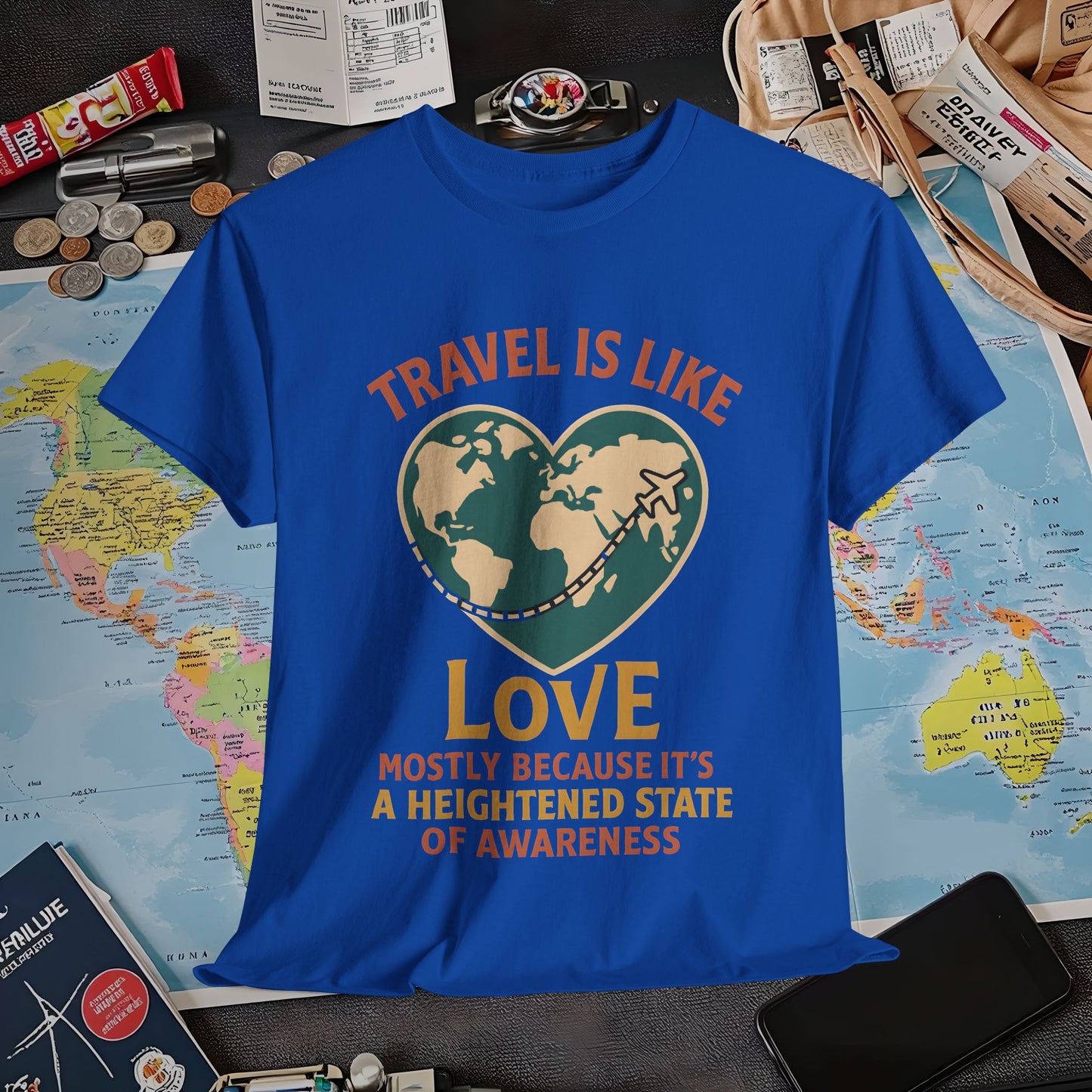 Travel Is Like Love – Heart Map Quote Tee with Airplane Path | Layover Club Air Travel T-Shirts | Jetsetter, Airport, and International Flight Tees