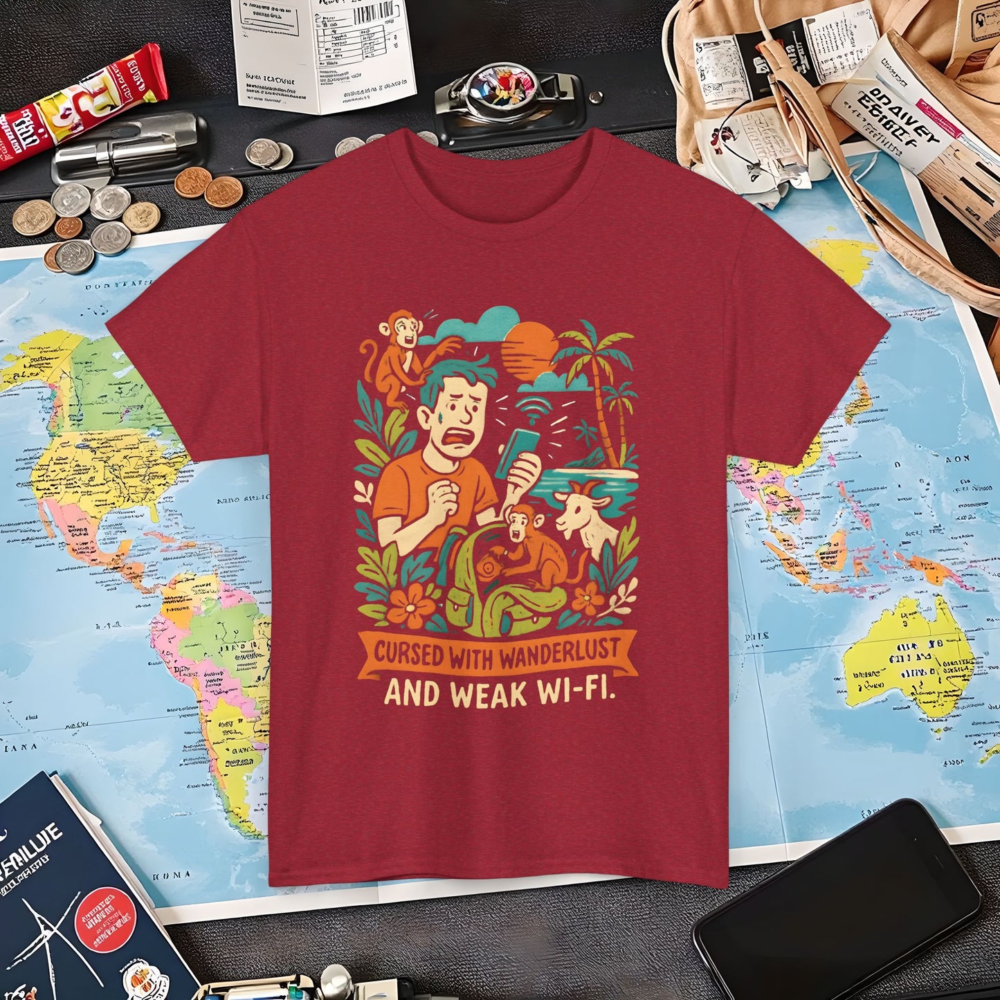 Cursed with Wanderlust and Weak Wi-Fi – Funny Tropical Traveler Frustration Tee Travel T-Shirts | Jetsetter, Airport, and International Flight Tees
