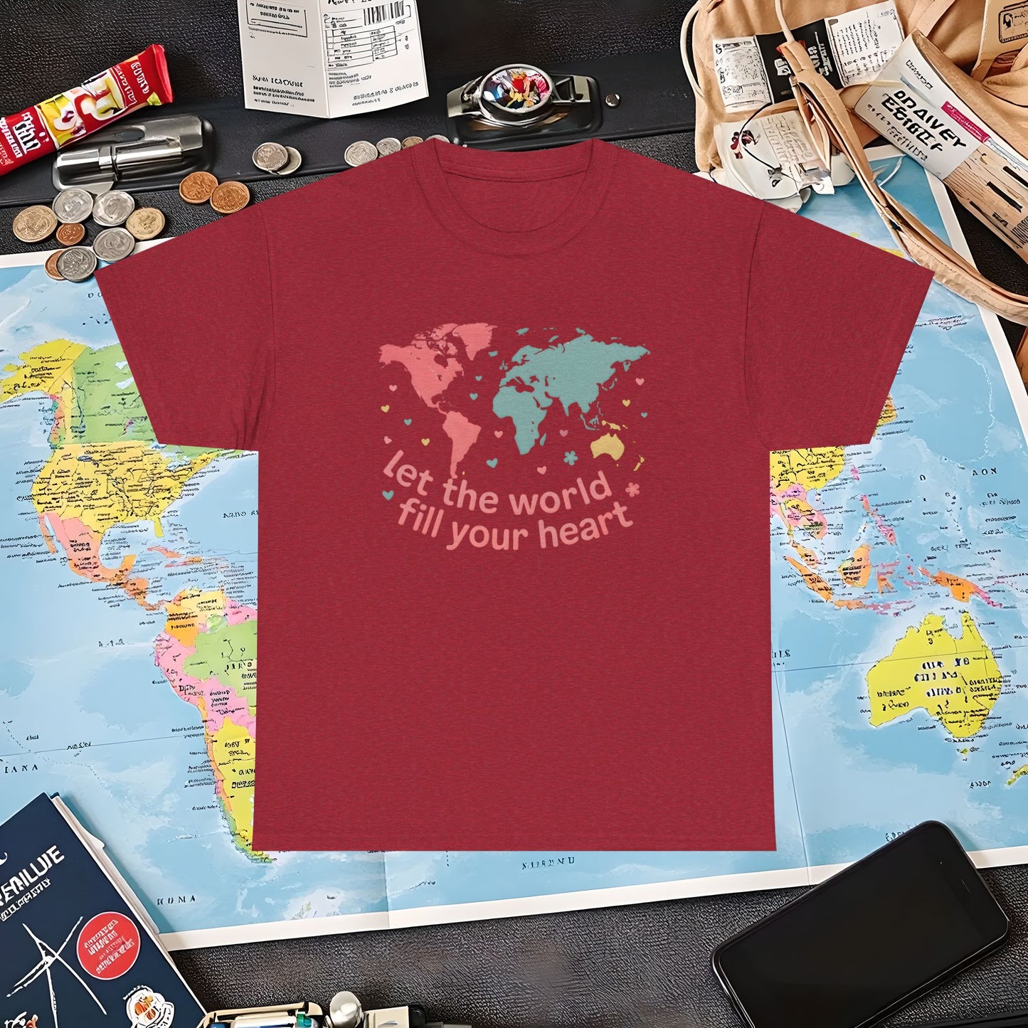 Let the World Fill Your Heart T-Shirt – World Map Adventure Design Air Travel T-Shirts | Jetsetter, Airport, and International Flight Tees