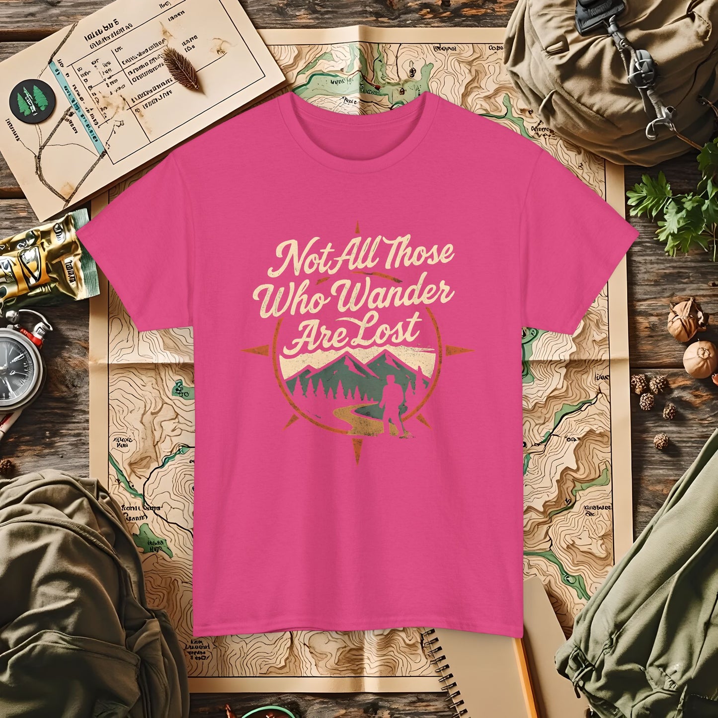 Not All Who Wander Are Lost – Vintage Compass Mountain Tee | Camping, Hiking, Rafting & Kayaking Tees for Nature Lovers