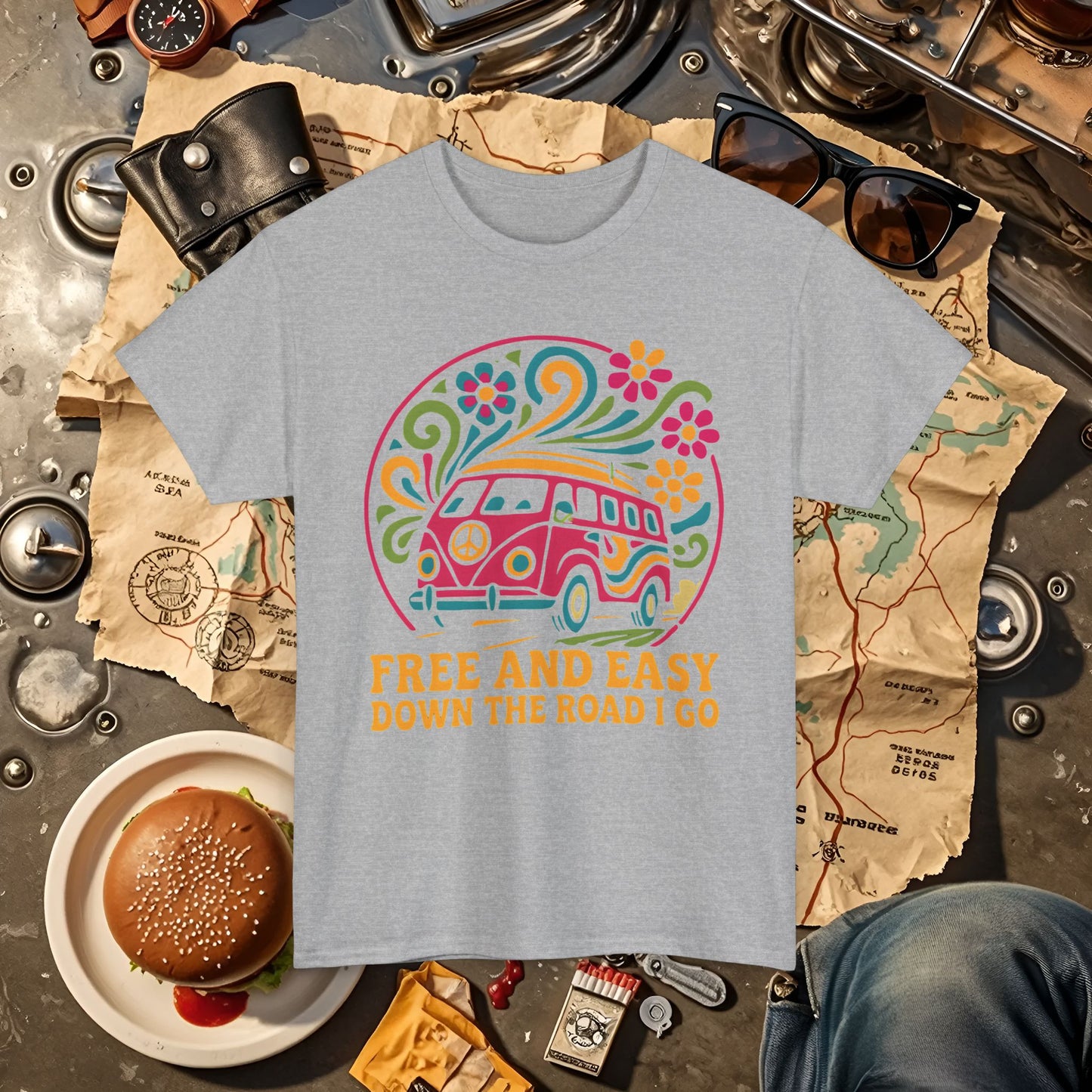 Free and Easy T-Shirt – Retro Hippie Van with Floral Freedom Vibes