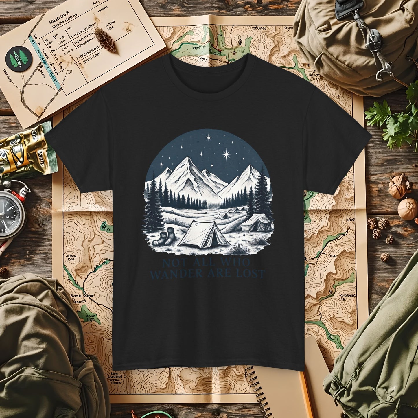 Not All Who Wander Are Lost T-Shirt – Mountain Camping Under Starry Night Camping, Hiking, Rafting & Kayaking Tees for Nature Lovers