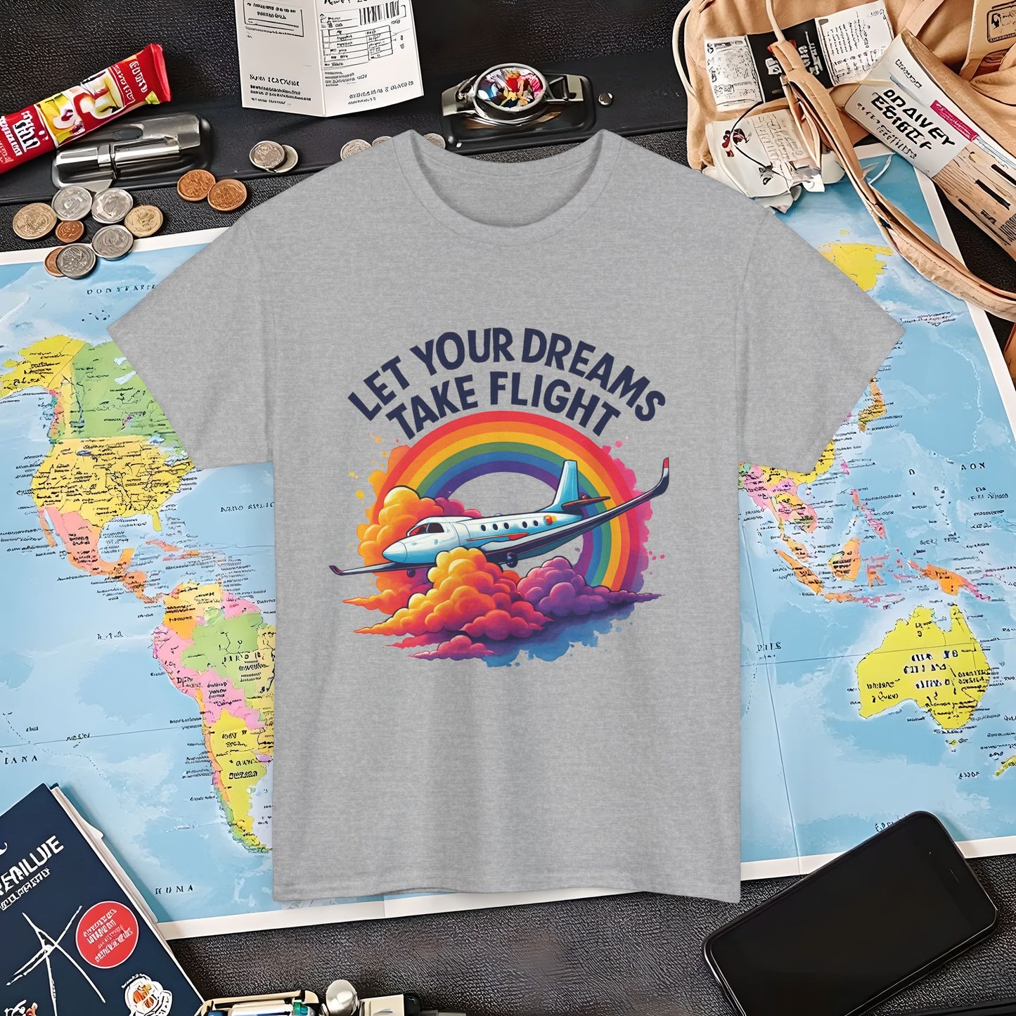 Let Your Dreams Take Flight T-Shirt – Airplane with Rainbow Trail Design Air Travel T-Shirts | Jetsetter, Airport, and International Flight Tees