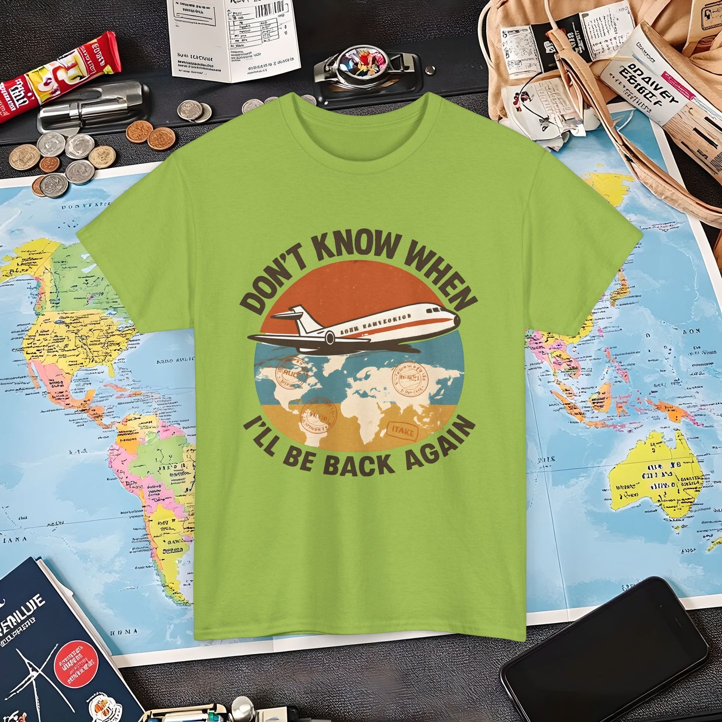 Don’t Know When I’ll Be Back Again T-Shirt – Retro ’70s Jet & Vintage Map Travel Design Air Travel T-Shirts | Jetsetter, Airport, and International Flight Tees