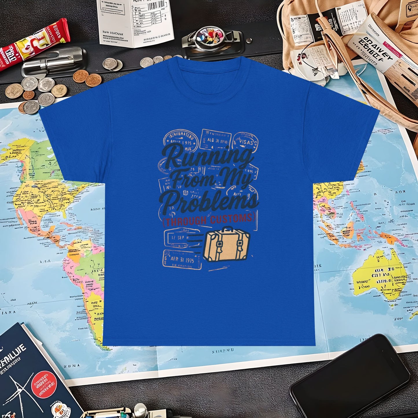 Running From My Problems Through Customs – Vintage Travel Quote Tee with Passport Stamps Air Travel T-Shirts | Jetsetter, Airport, and International Flight Tees
