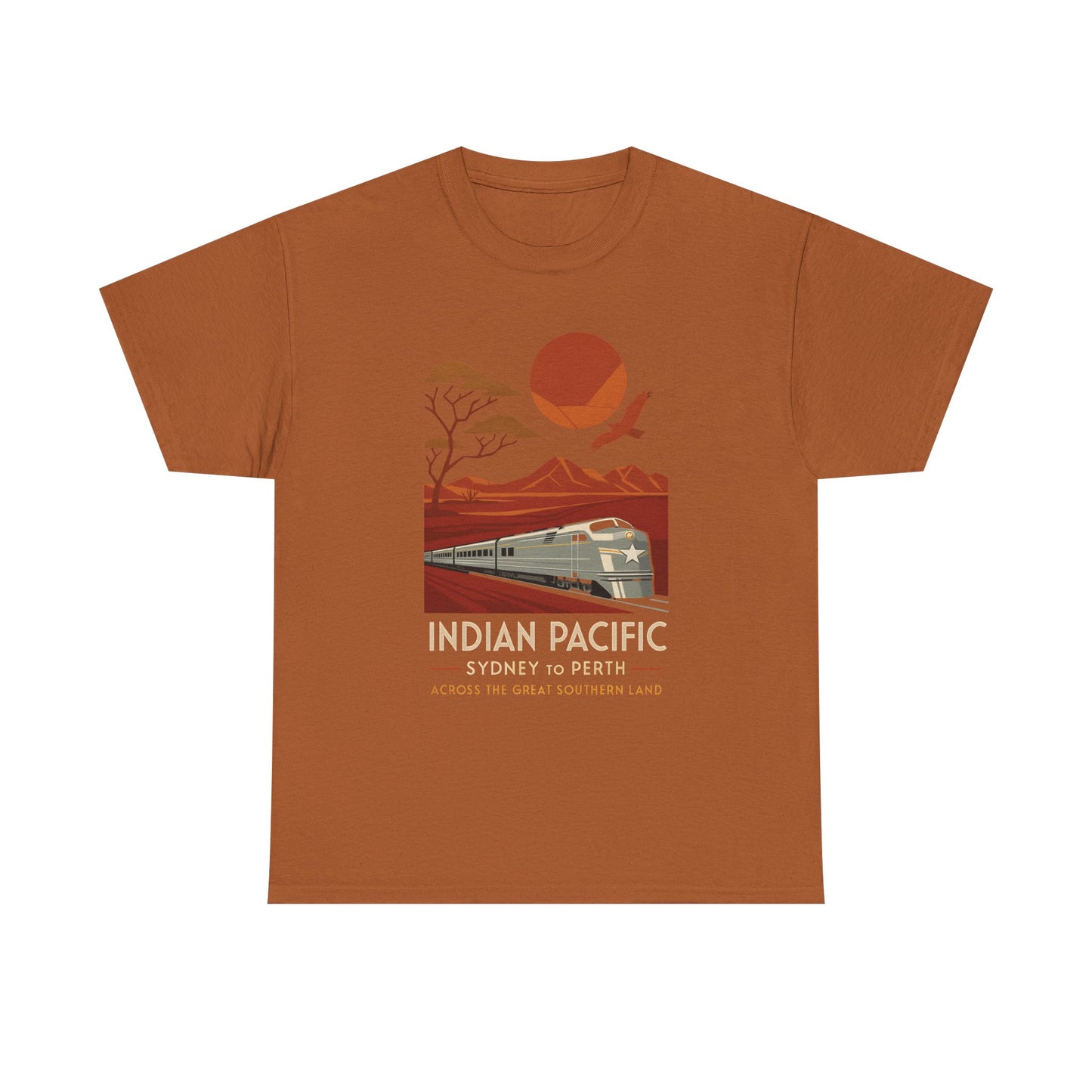Australian Indian Pacific – Art Deco Desert Crossing Train Tee Road Trip & Vehicle Travel T-Shirts | Car, RV, and Motorcycle Adventure Tees