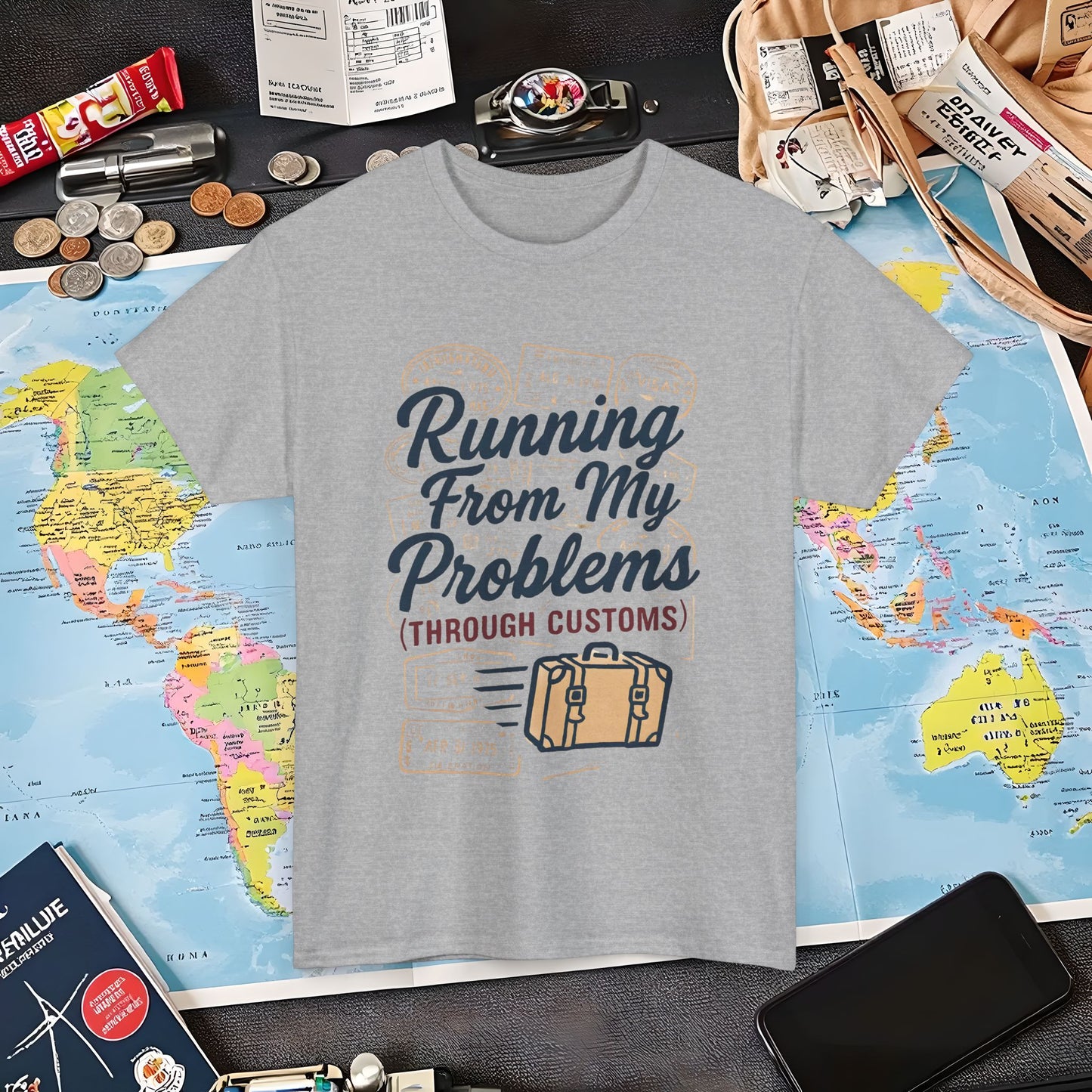 Running From My Problems Through Customs – Vintage Travel Quote Tee with Passport Stamps Air Travel T-Shirts | Jetsetter, Airport, and International Flight Tees