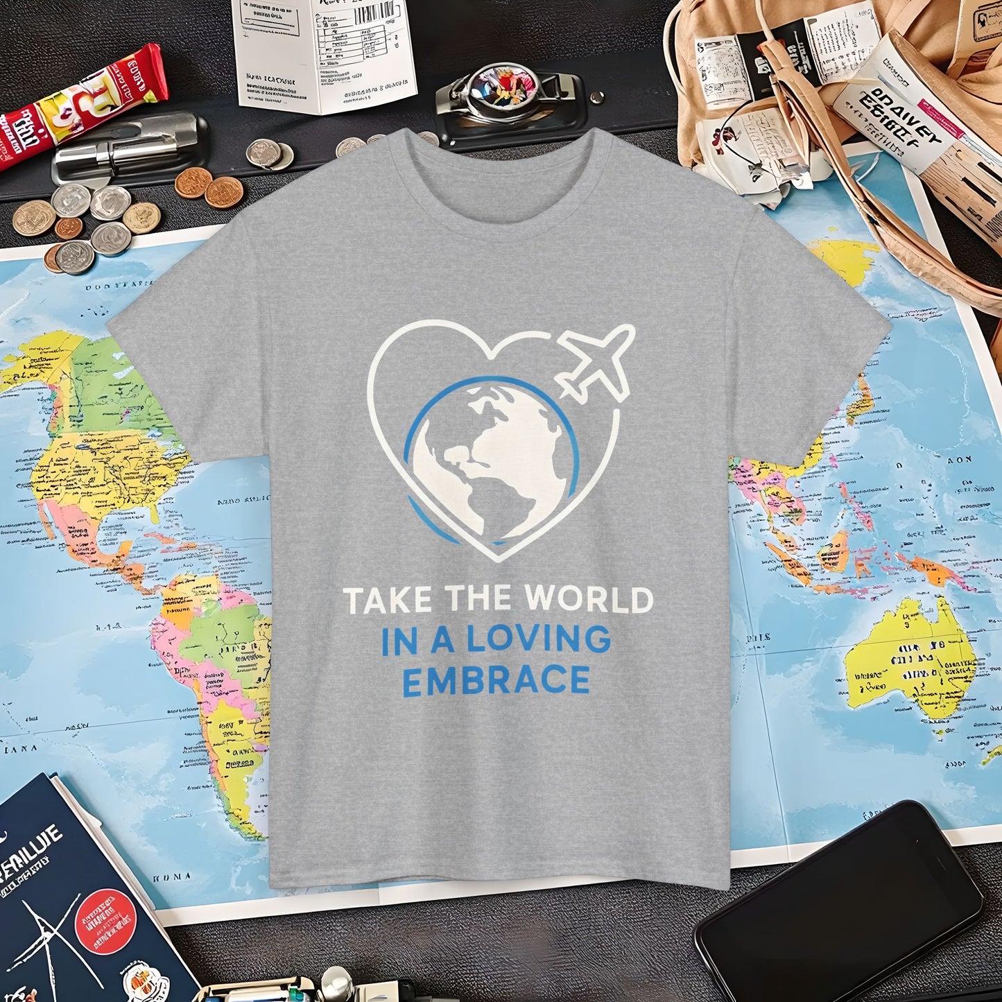 Take the World in a Loving Embrace T-Shirt – Heart in Flight Over Globe Design Air Travel T-Shirts | Jetsetter, Airport, and International Flight Tees