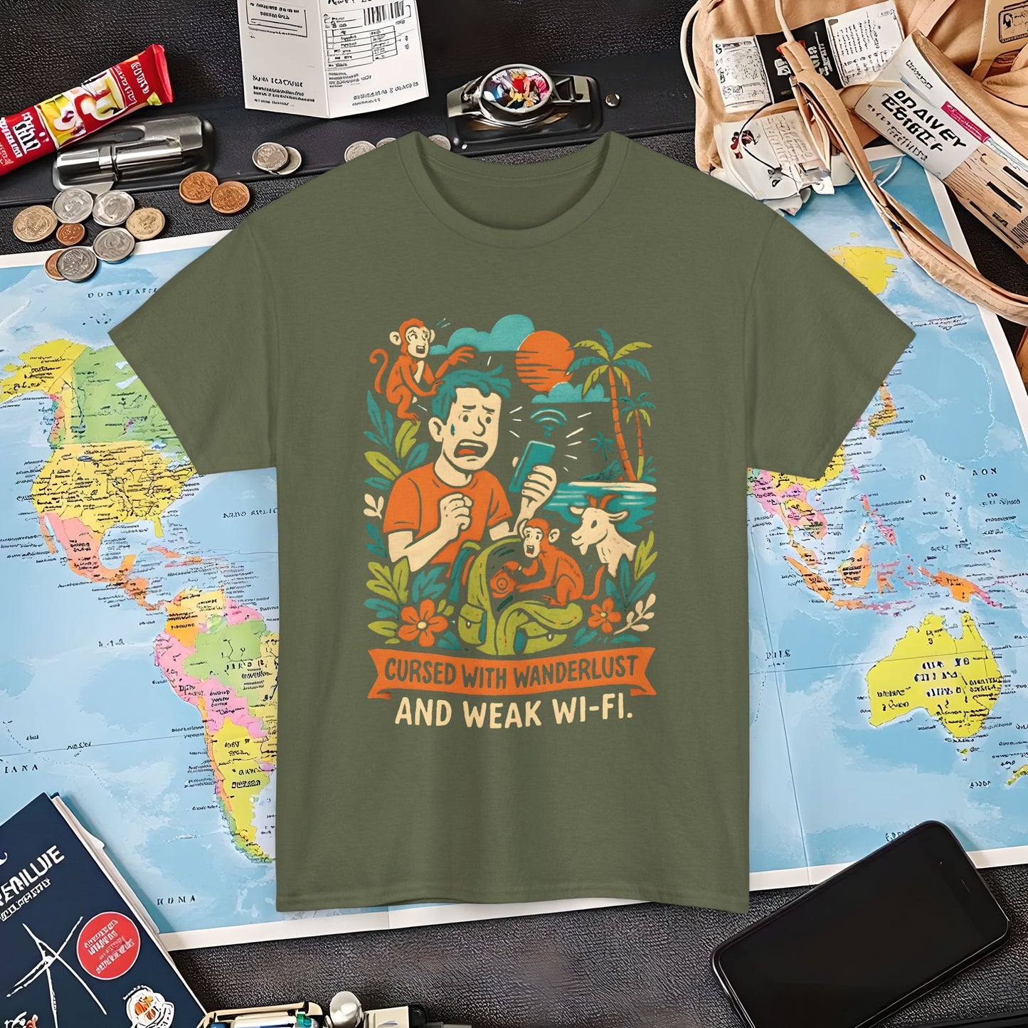 Cursed with Wanderlust and Weak Wi-Fi – Funny Tropical Traveler Frustration Tee Travel T-Shirts | Jetsetter, Airport, and International Flight Tees