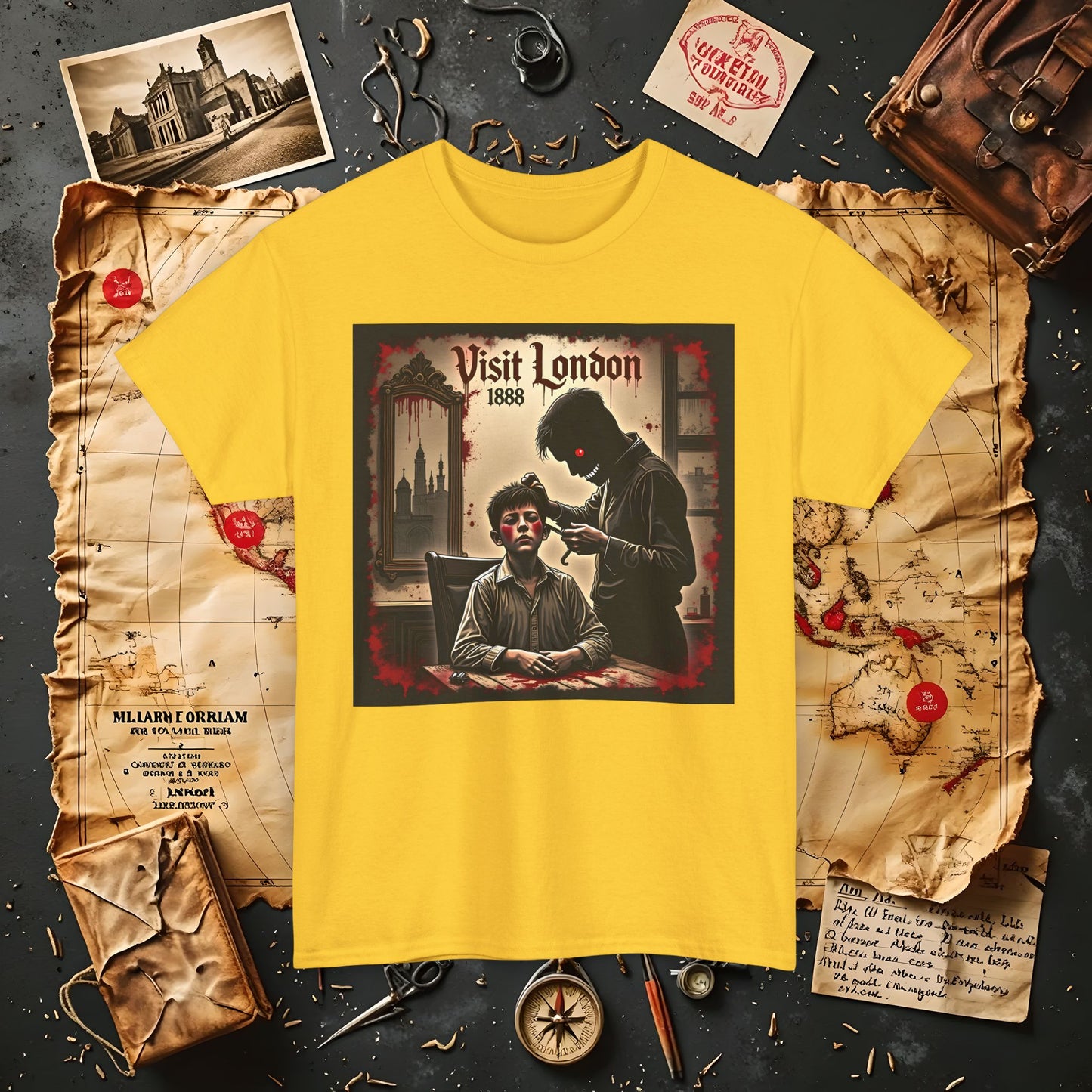 Visit London 1888 T-Shirt – Victorian Horror with Jack the Ripper and Evil Barber Art
