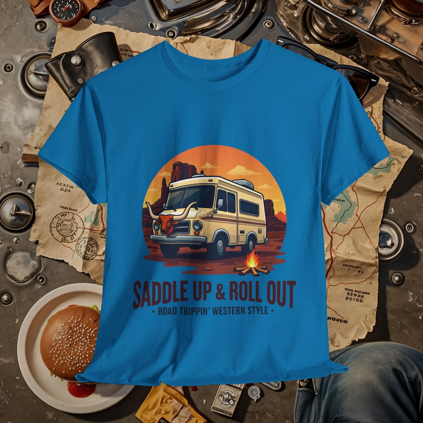 Saddle Up and Roll out Road Trip & Vehicle Travel T-Shirts | Car, RV, and Motorcycle Adventure Tees