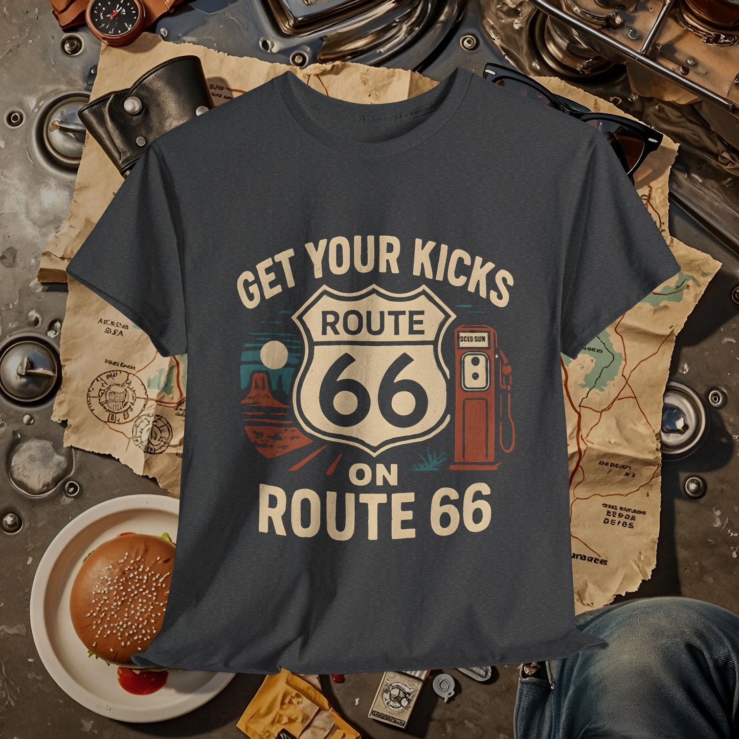 Get Your Kicks on Route 66 T-Shirt – Vintage Desert Scene with Classic Gas Pump & Roadside Vibes Road Trip & Vehicle Travel T-Shirts | Car, RV, and Motorcycle Adventure Tees