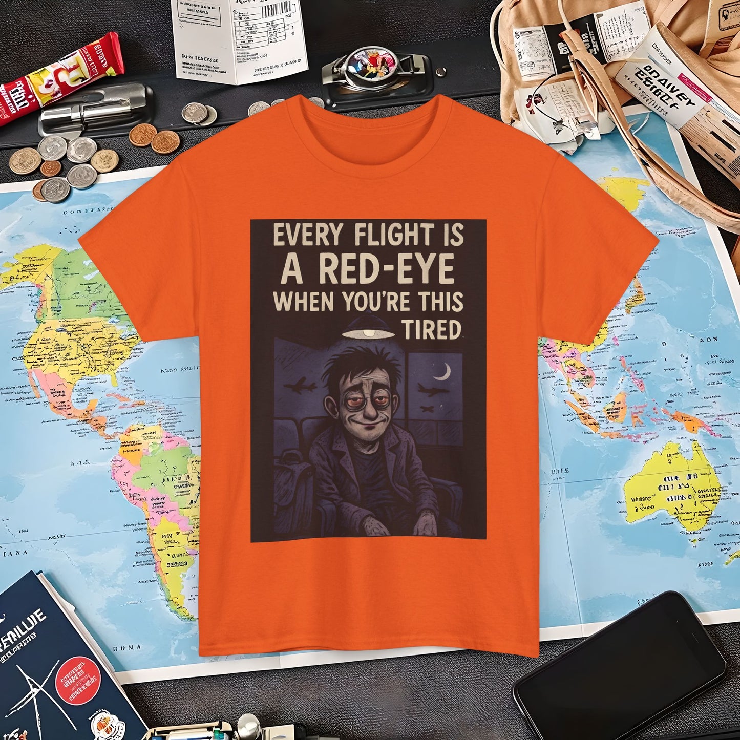 Every Flight Is a Red Eye Tee – Exhausted Traveler Comic Noir Shirt Air Travel T-Shirts | Jetsetter, Airport, and International Flight Tees