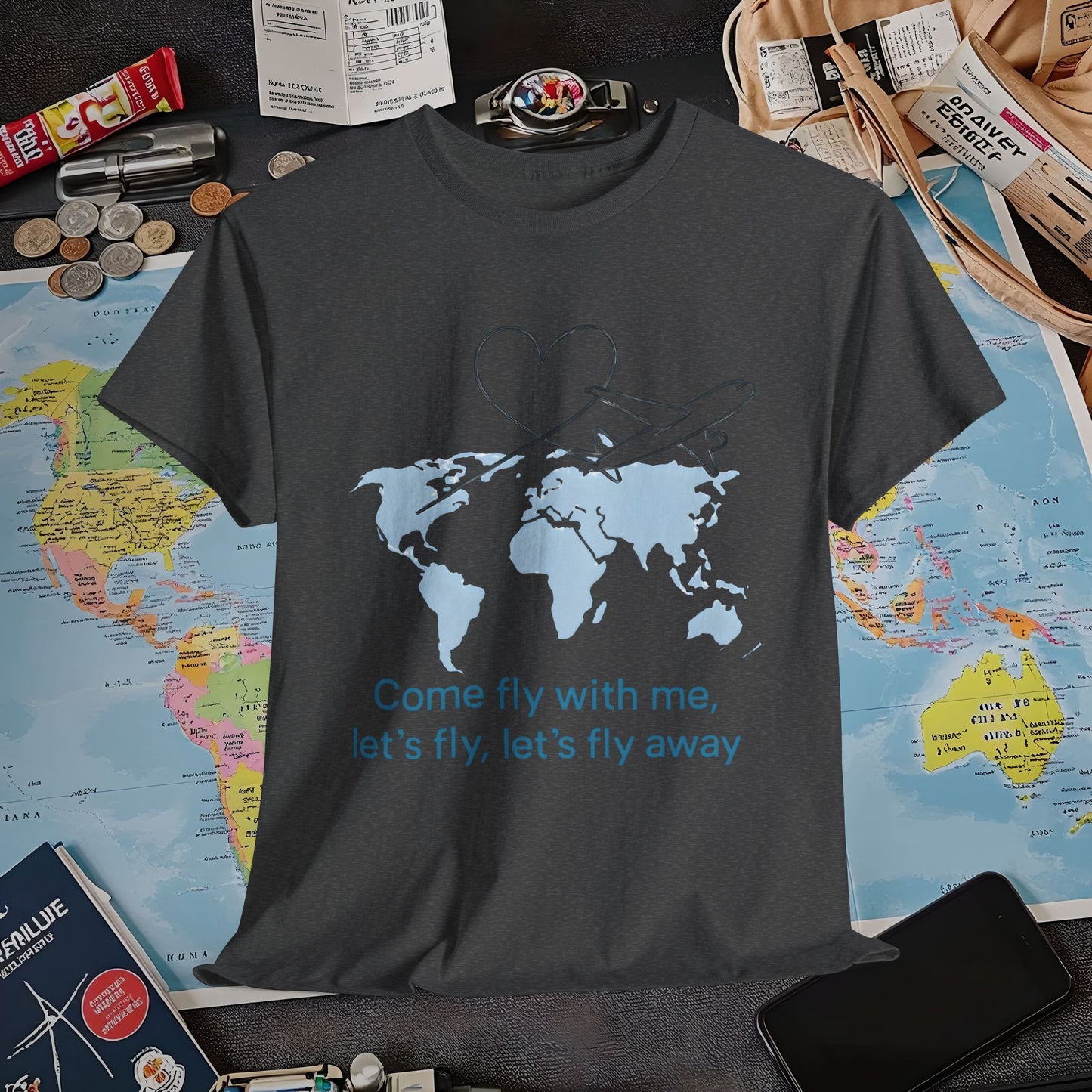Come Fly With Me T-Shirt – Heart-Loop Airplane Over World Map Design Air Travel T-Shirts | Jetsetter, Airport, and International Flight Tees
