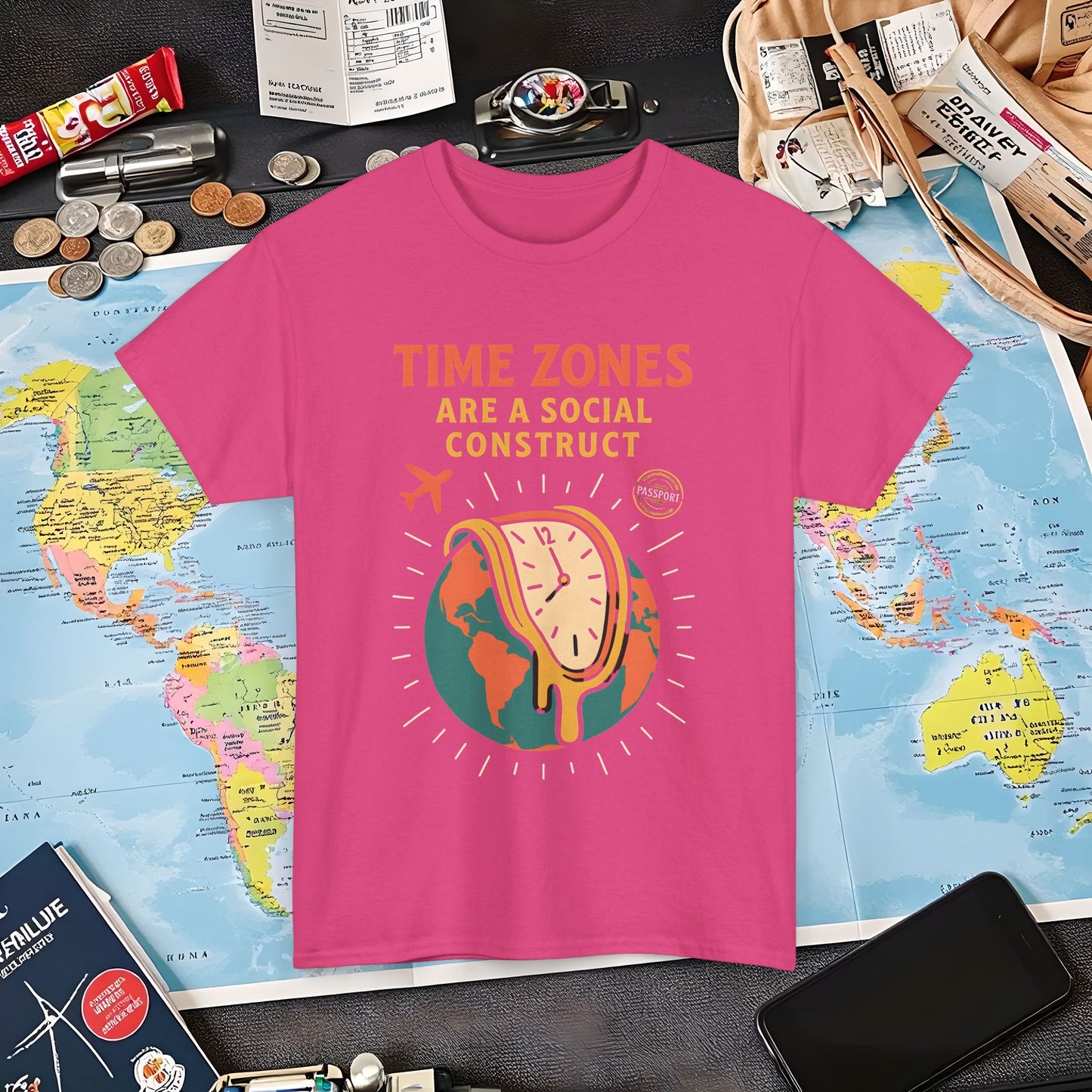 Time Zones Are a Social Construct Tee – Melting Clock Over World Map Travel Shirt Air Travel T-Shirts | Jetsetter, Airport, and International Flight Tees