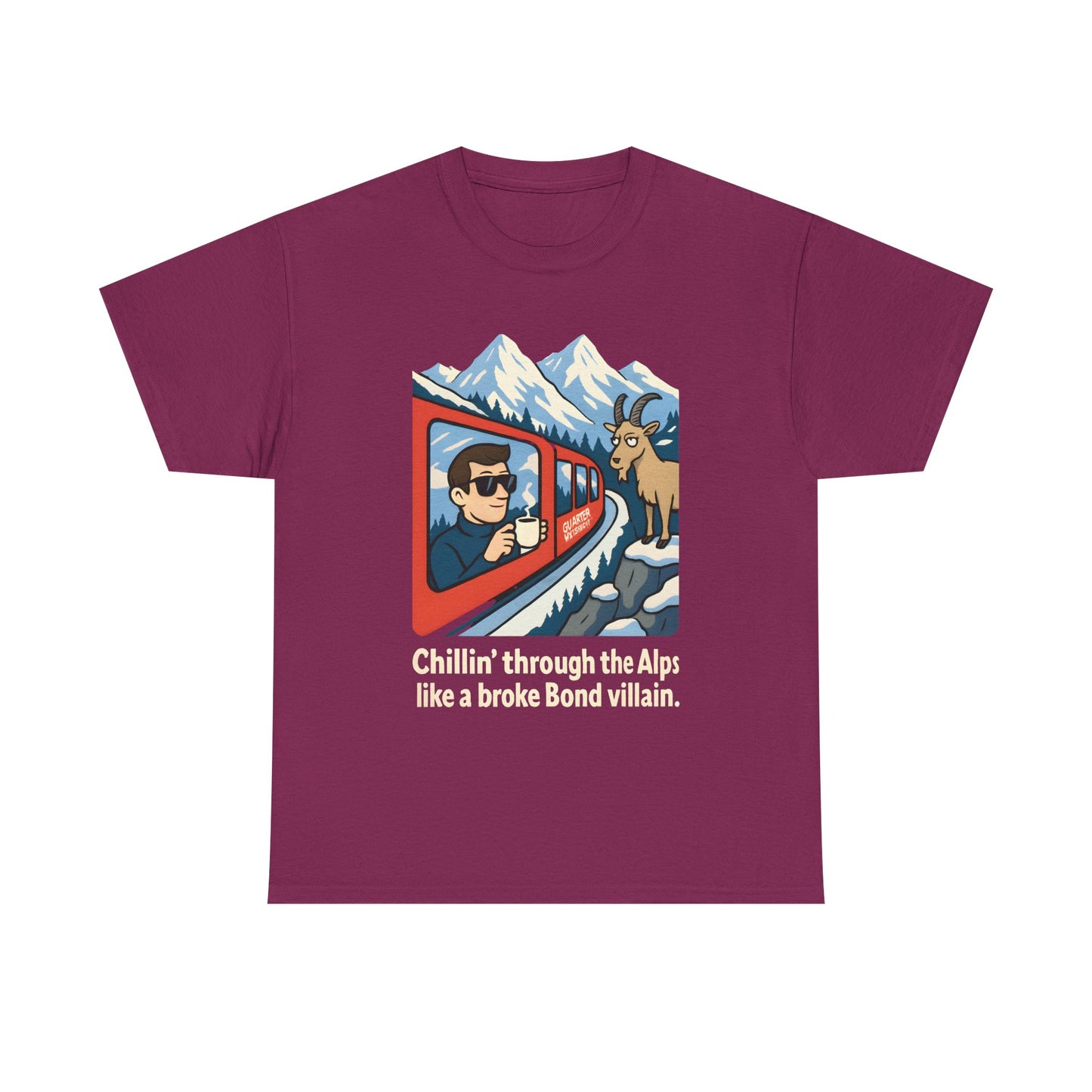 Glacier Express Chill Tee – Skeptical Goat in the Alps Vibe Road Trip & Vehicle Travel T-Shirts | Car, RV, and Motorcycle Adventure Tees