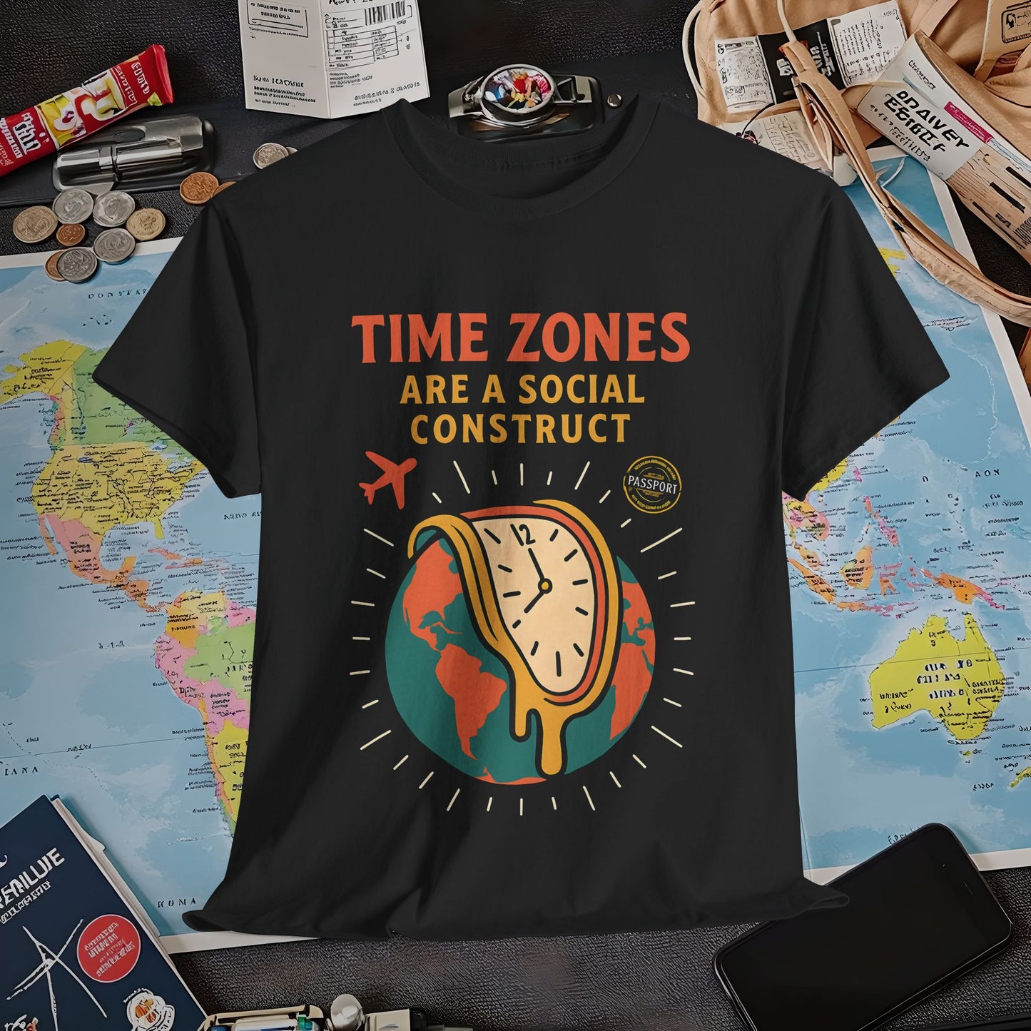 Time Zones Are a Social Construct Tee – Melting Clock Over World Map Travel Shirt Air Travel T-Shirts | Jetsetter, Airport, and International Flight Tees