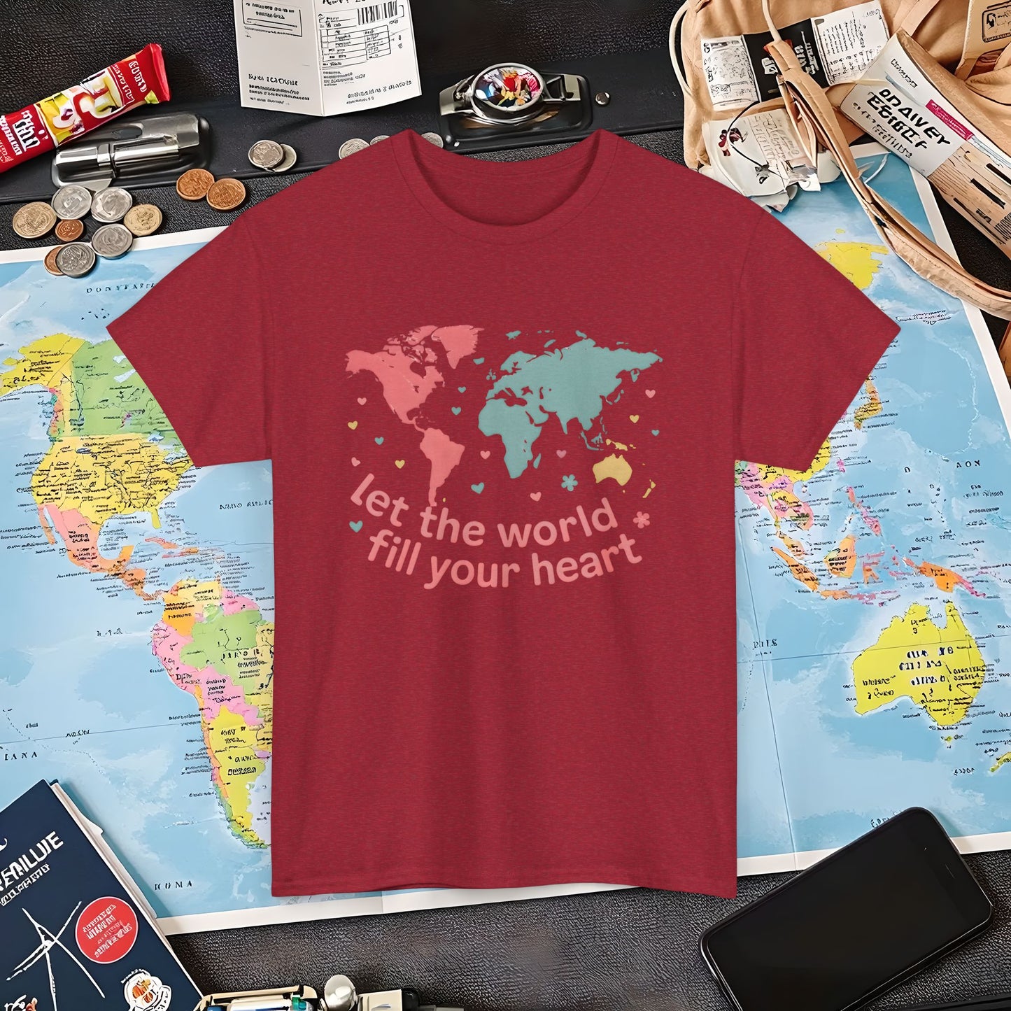Let the World Fill Your Heart T-Shirt – World Map Adventure Design Air Travel T-Shirts | Jetsetter, Airport, and International Flight Tees
