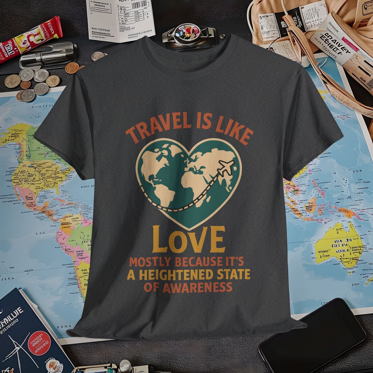 Travel Is Like Love – Heart Map Quote Tee with Airplane Path | Layover Club Air Travel T-Shirts | Jetsetter, Airport, and International Flight Tees