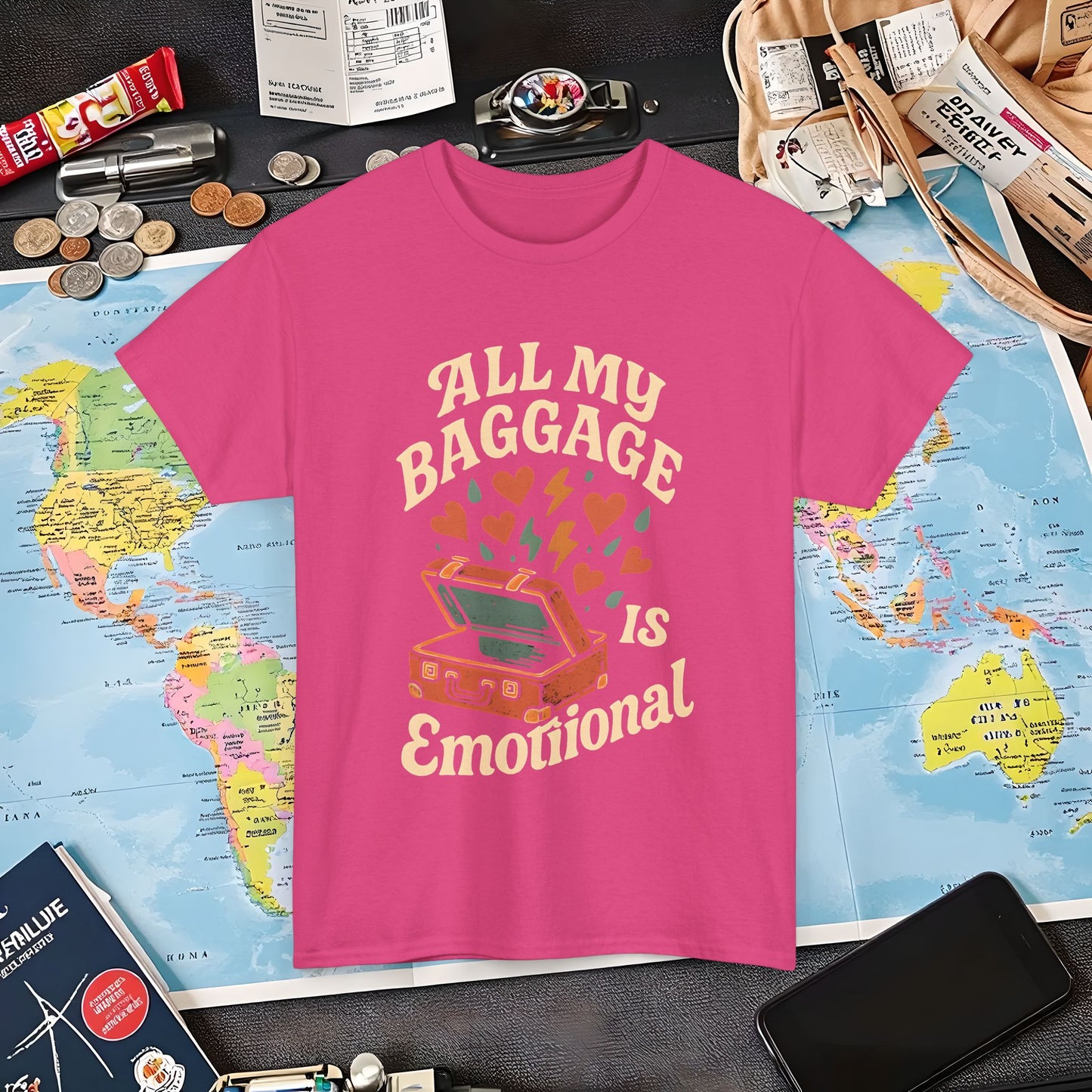 All My Baggage Is Emotional – Retro Suitcase Overflowing with Feelings Tee Air Travel T-Shirts | Jetsetter, Airport, and International Flight Tees
