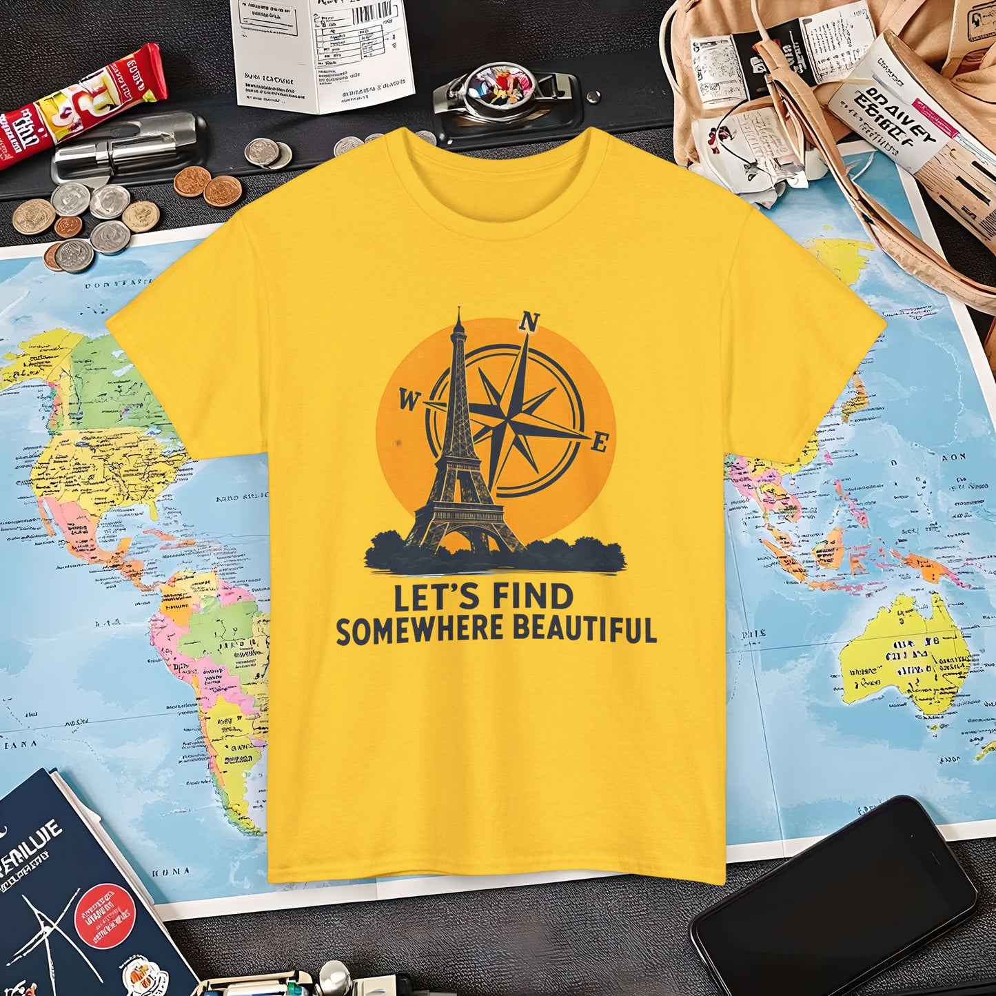 Eiffel Tower and Compass T-Shirt – Let’s Find Somewhere Beautiful Adventure Design Air Travel T-Shirts | Jetsetter, Airport, and International Flight Tees