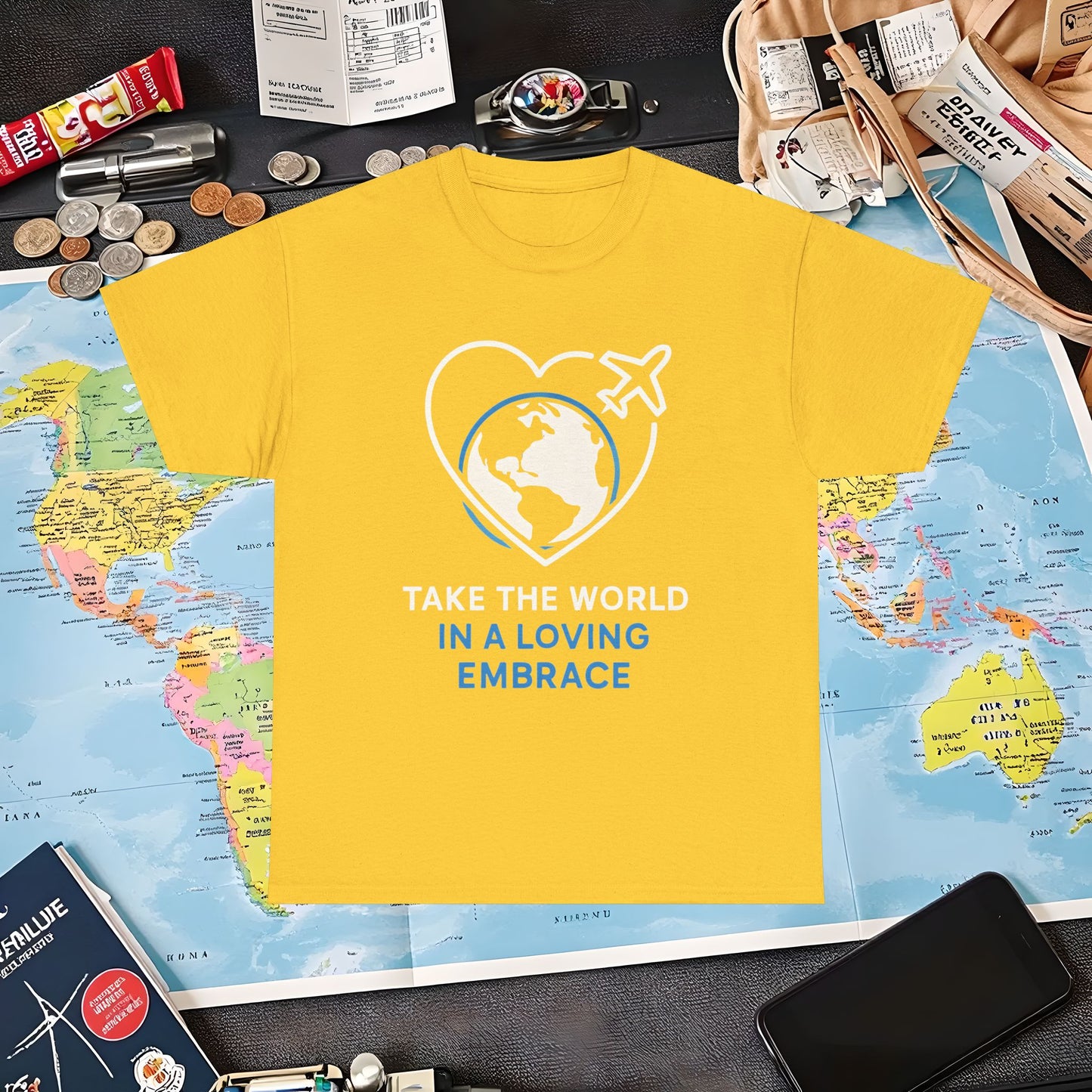 Take the World in a Loving Embrace T-Shirt – Heart in Flight Over Globe Design Air Travel T-Shirts | Jetsetter, Airport, and International Flight Tees